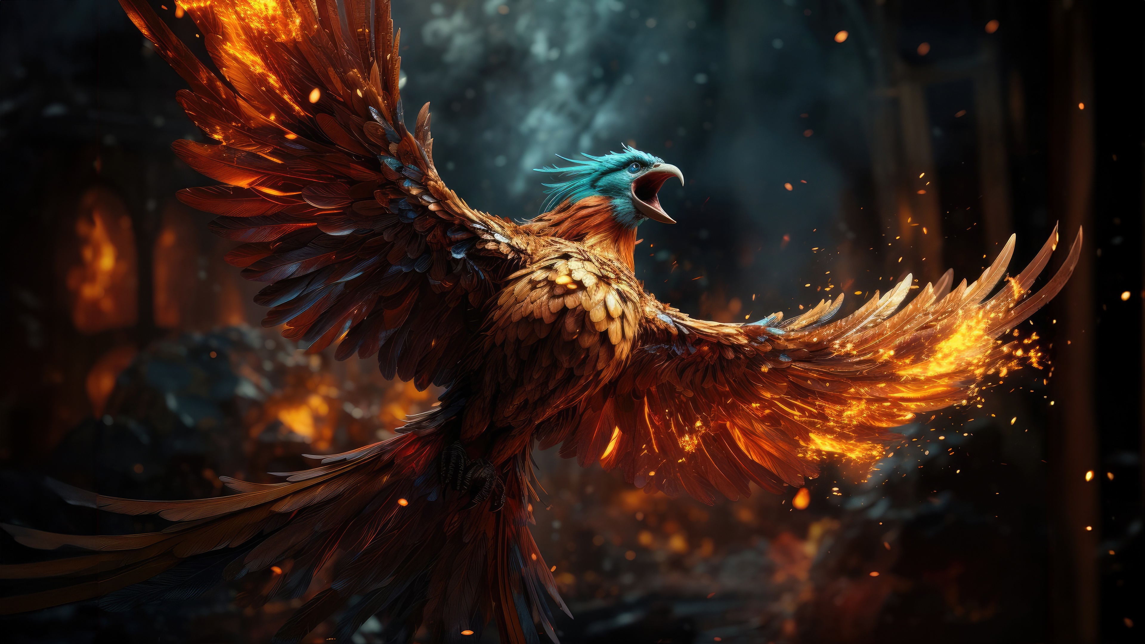 Phoenix in flames, digital art 4K HD Wallpaper