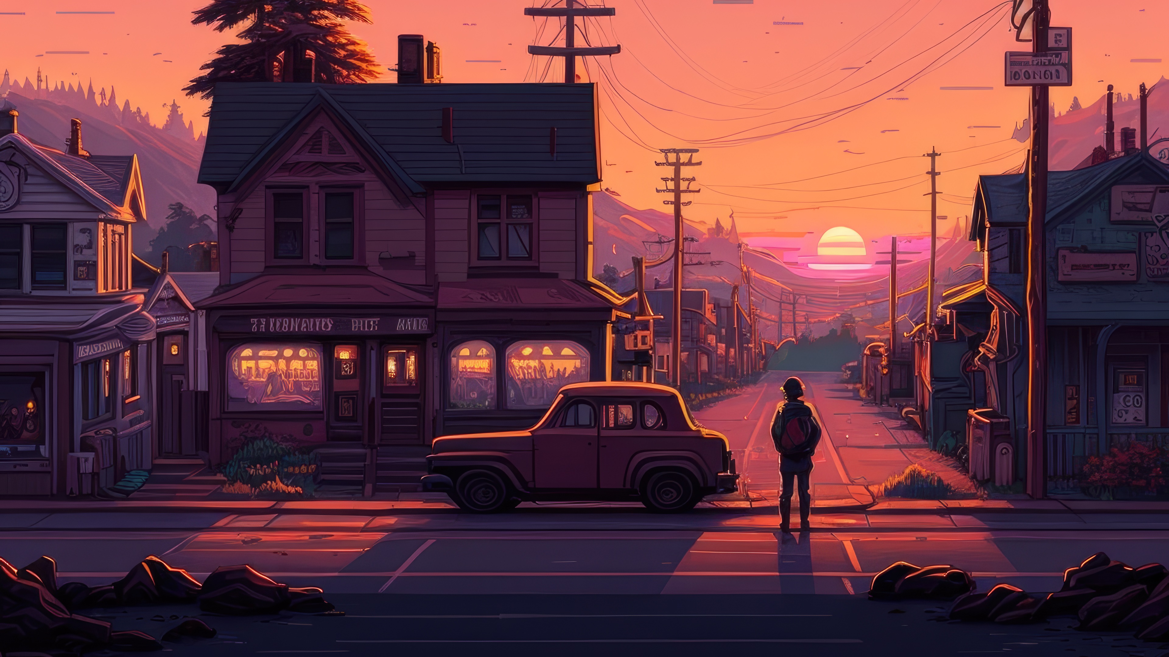 Pixel art town at sunset with a lone figure HD Wallpaper