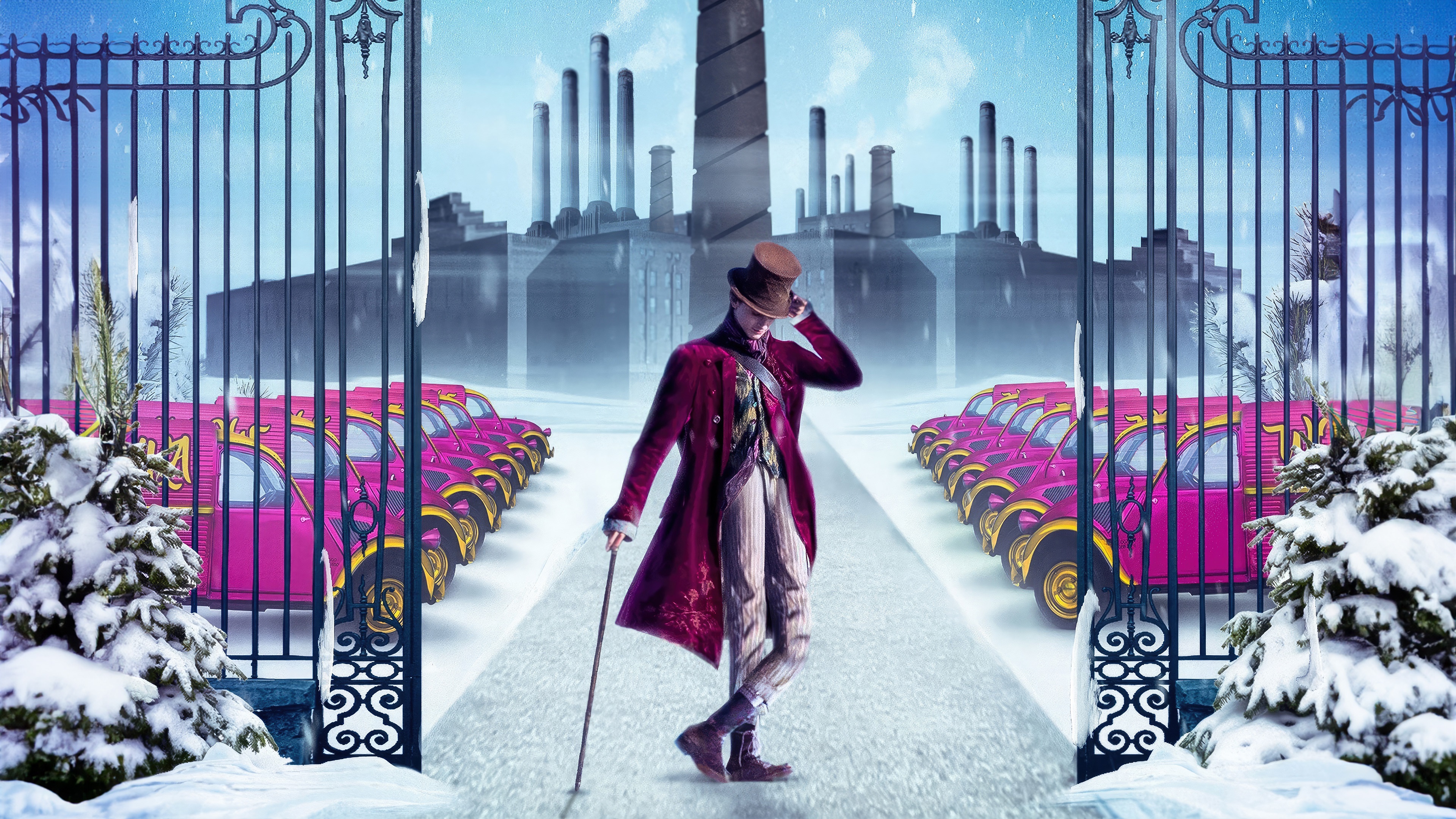 Willy Wonka in front of his factory with pink cars HD Wallpaper