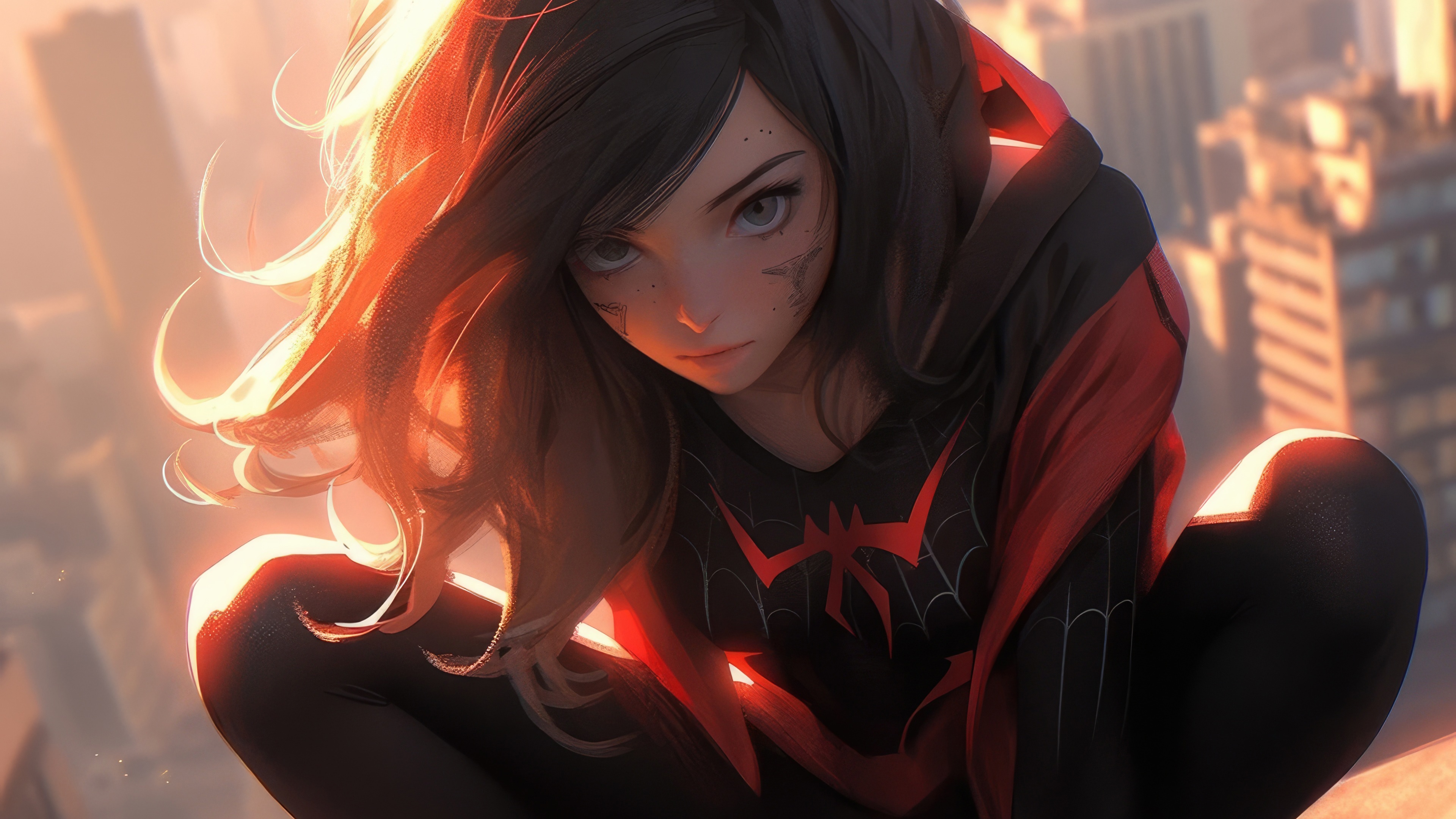 Spider-Man artwork of a young woman in a city HD Wallpaper