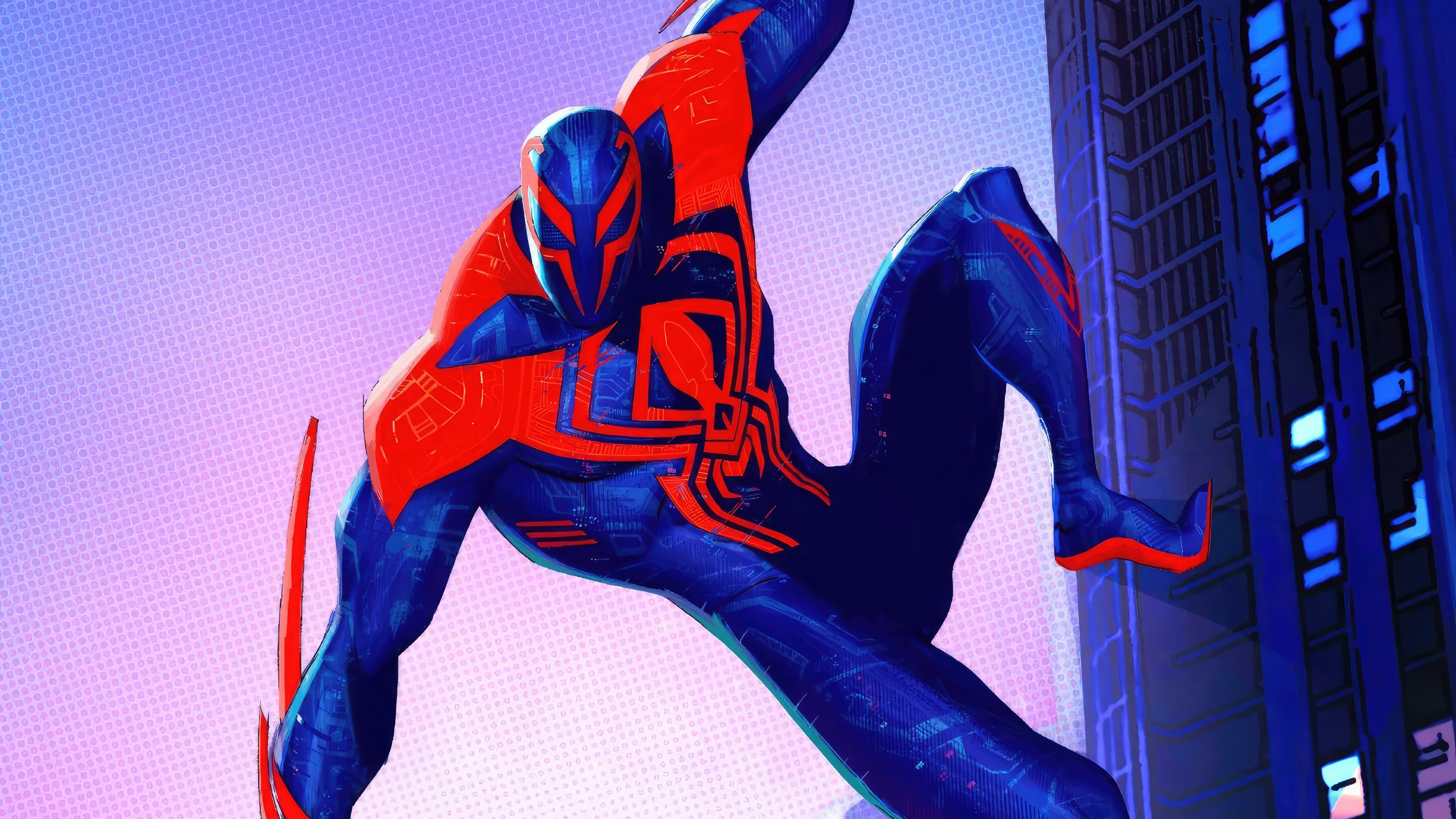 Spider-Man 2099 in a dynamic pose against a city backdrop HD Wallpaper