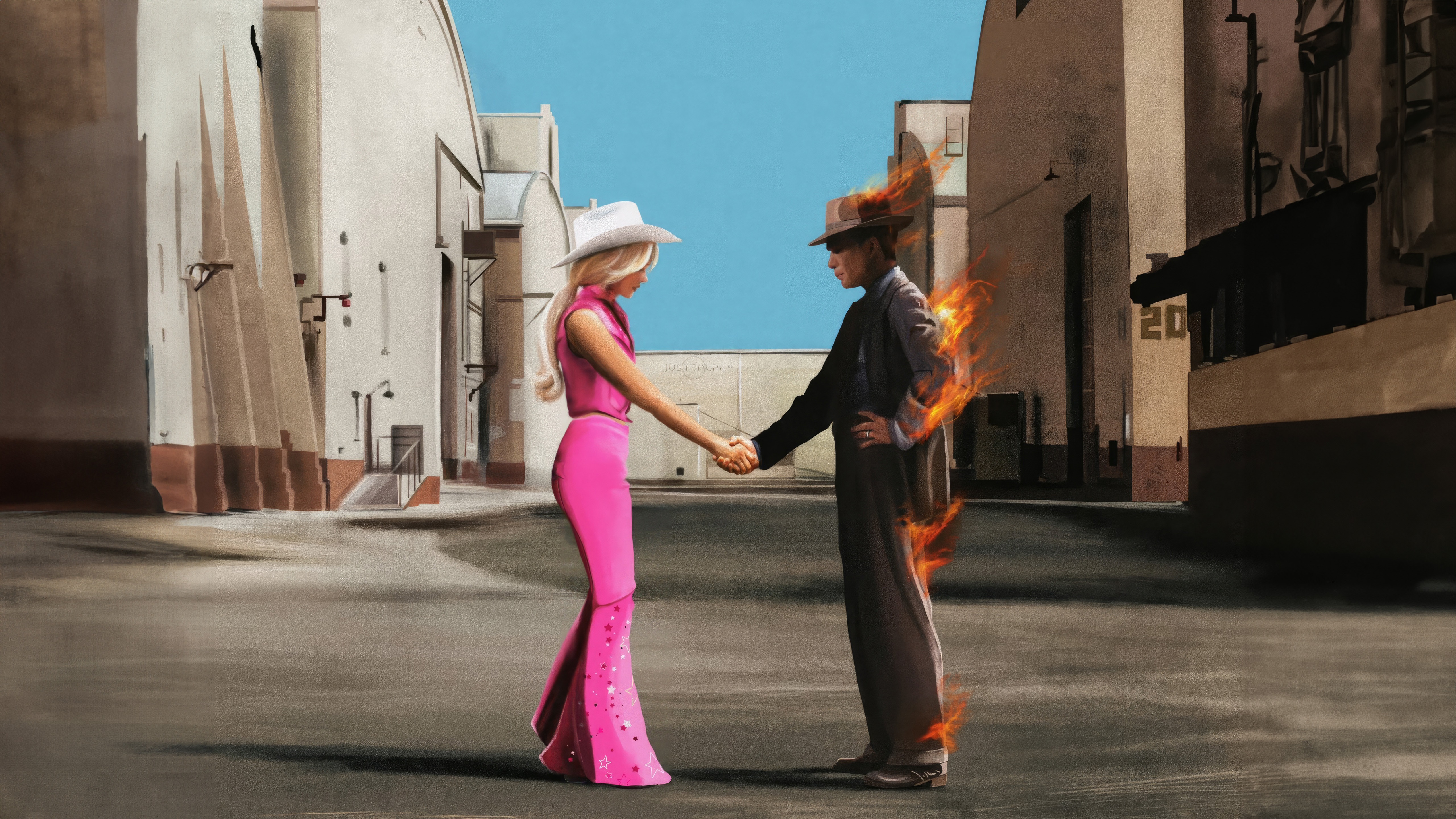 Barbie and Oppenheimer characters shaking hands HD Wallpaper