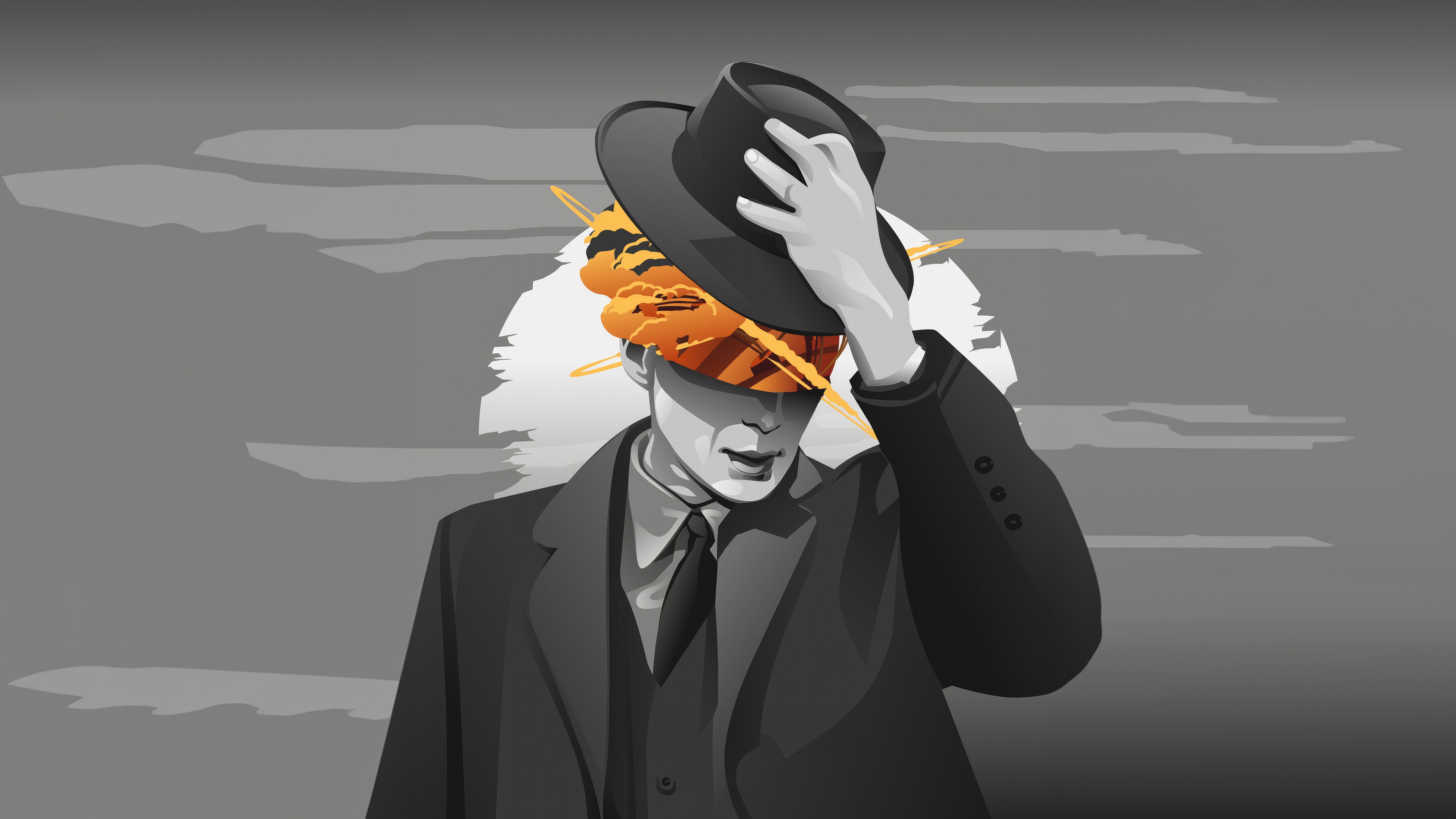 Oppenheimer in minimalist style with explosion in head HD Wallpaper