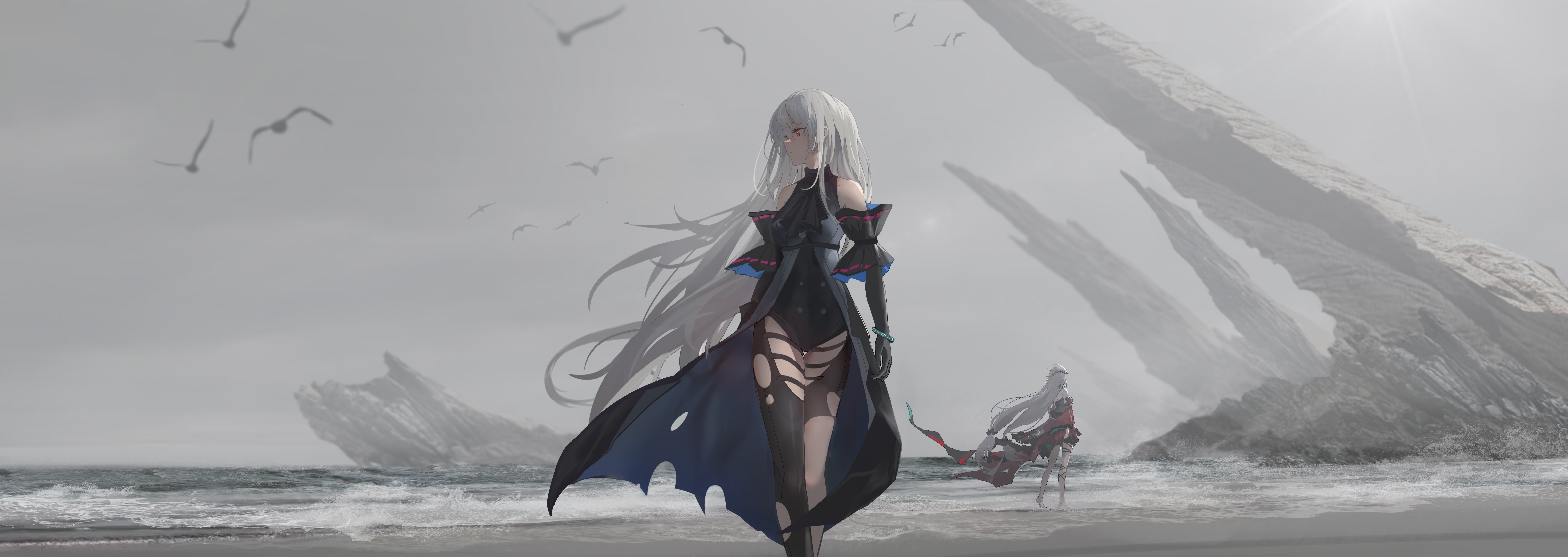 Arknights anime girls on a rocky beach HD Wallpaper