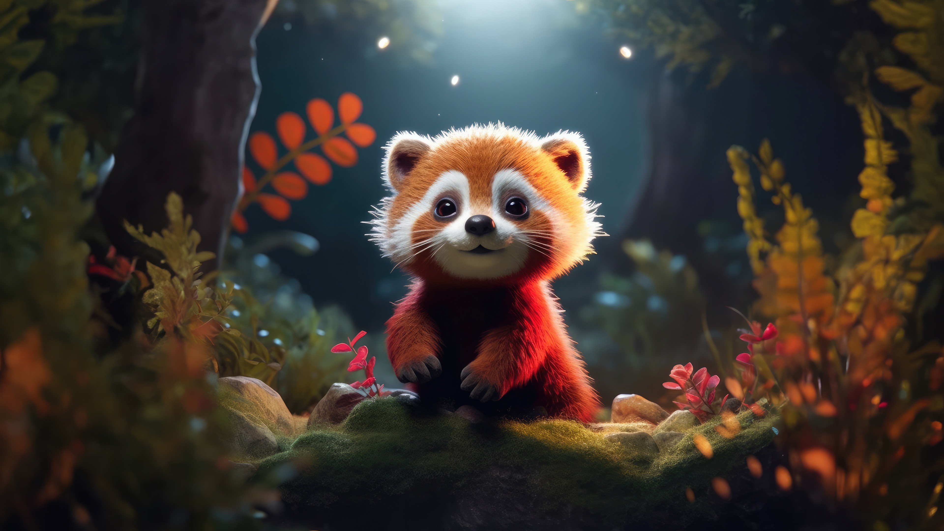 Cute Red Panda in a Magical Forest HD Wallpaper
