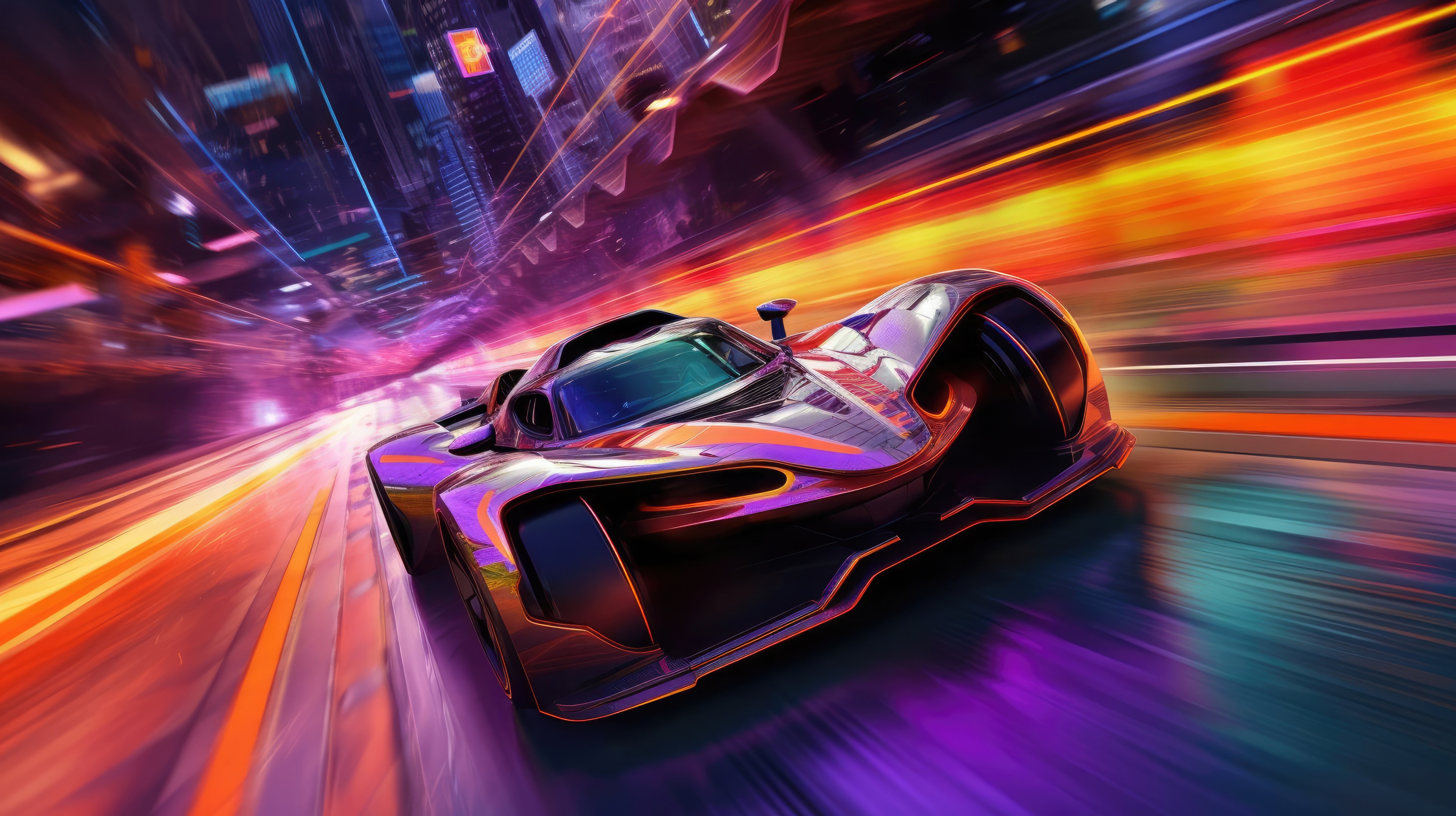 Futuristic race car speeding through a neon city at 4K HD Wallpaper