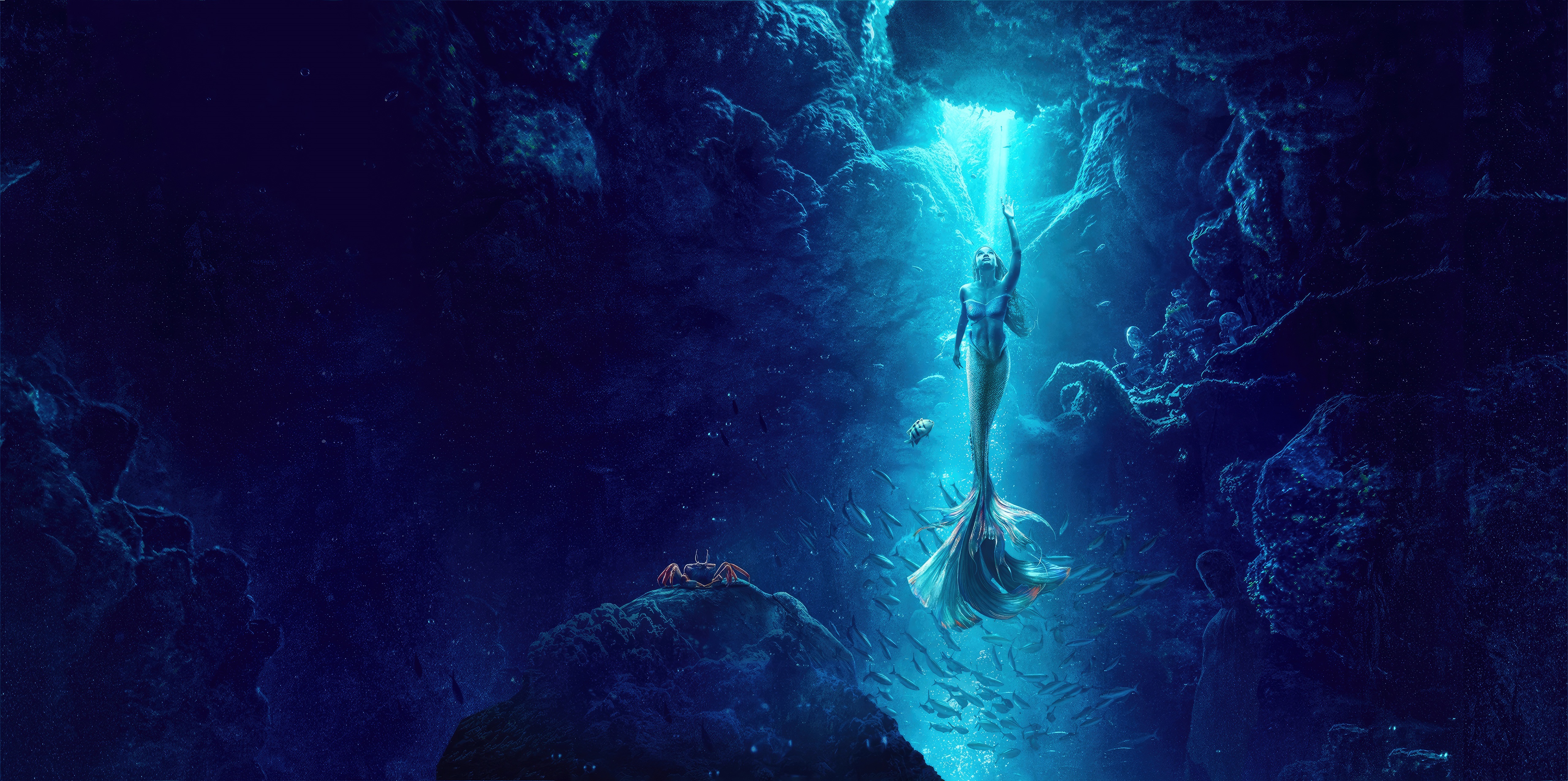 Ariel the Mermaid in a Cave with Fish and Crab HD Wallpaper