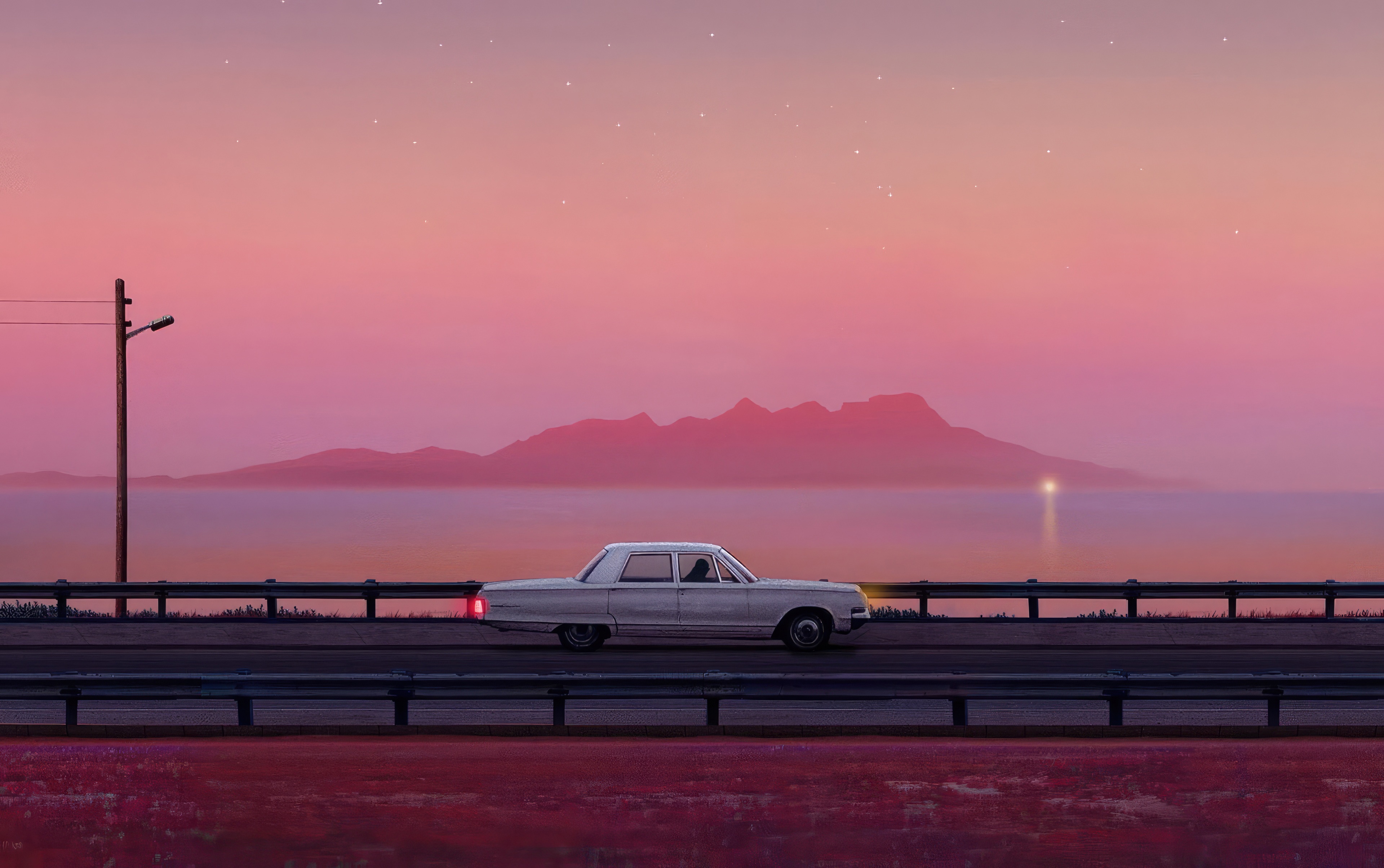 Synthwave Artwork of a Car Driving at Sunset HD Wallpaper