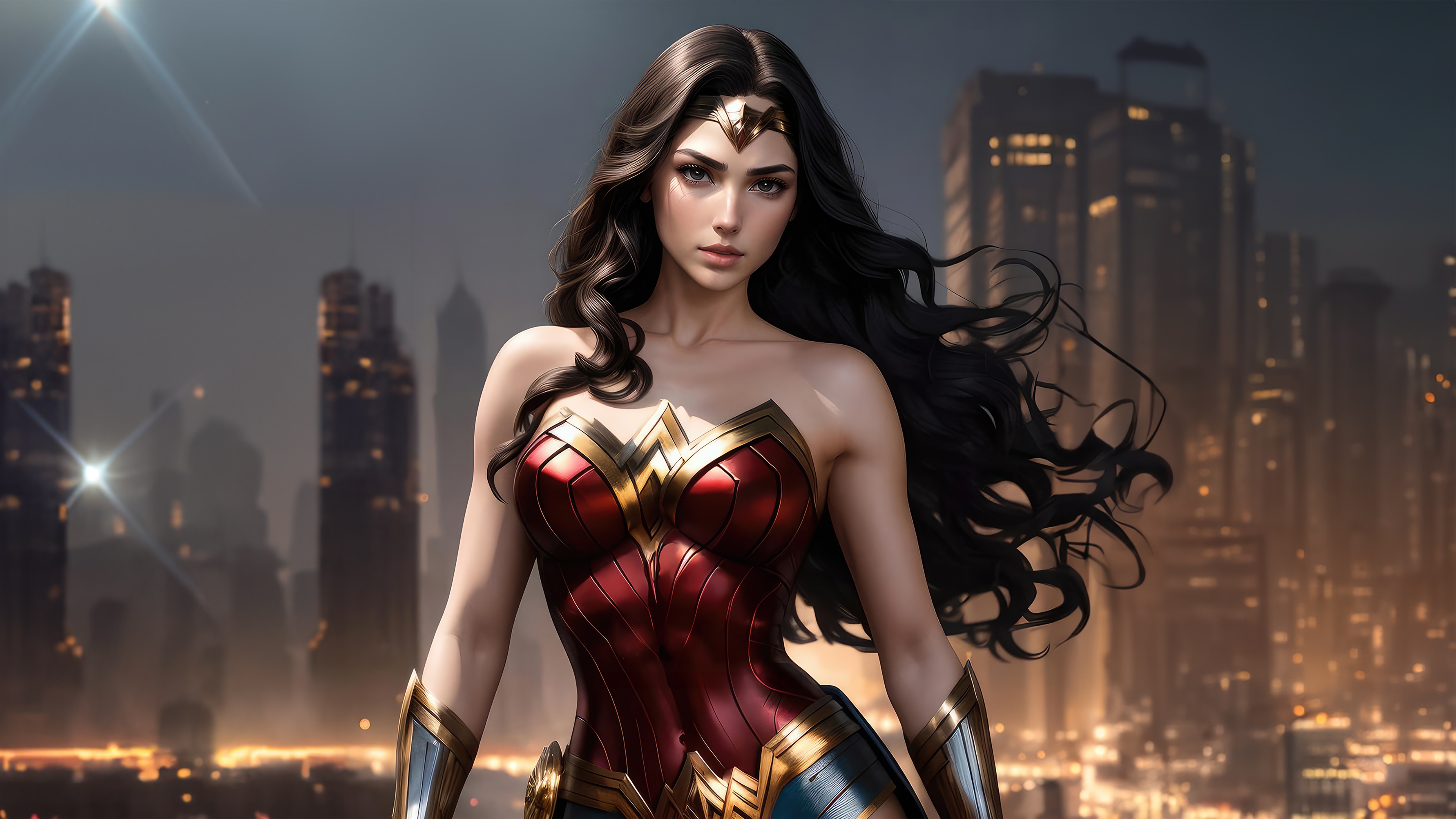 Wonder Woman in a city at night HD Wallpaper