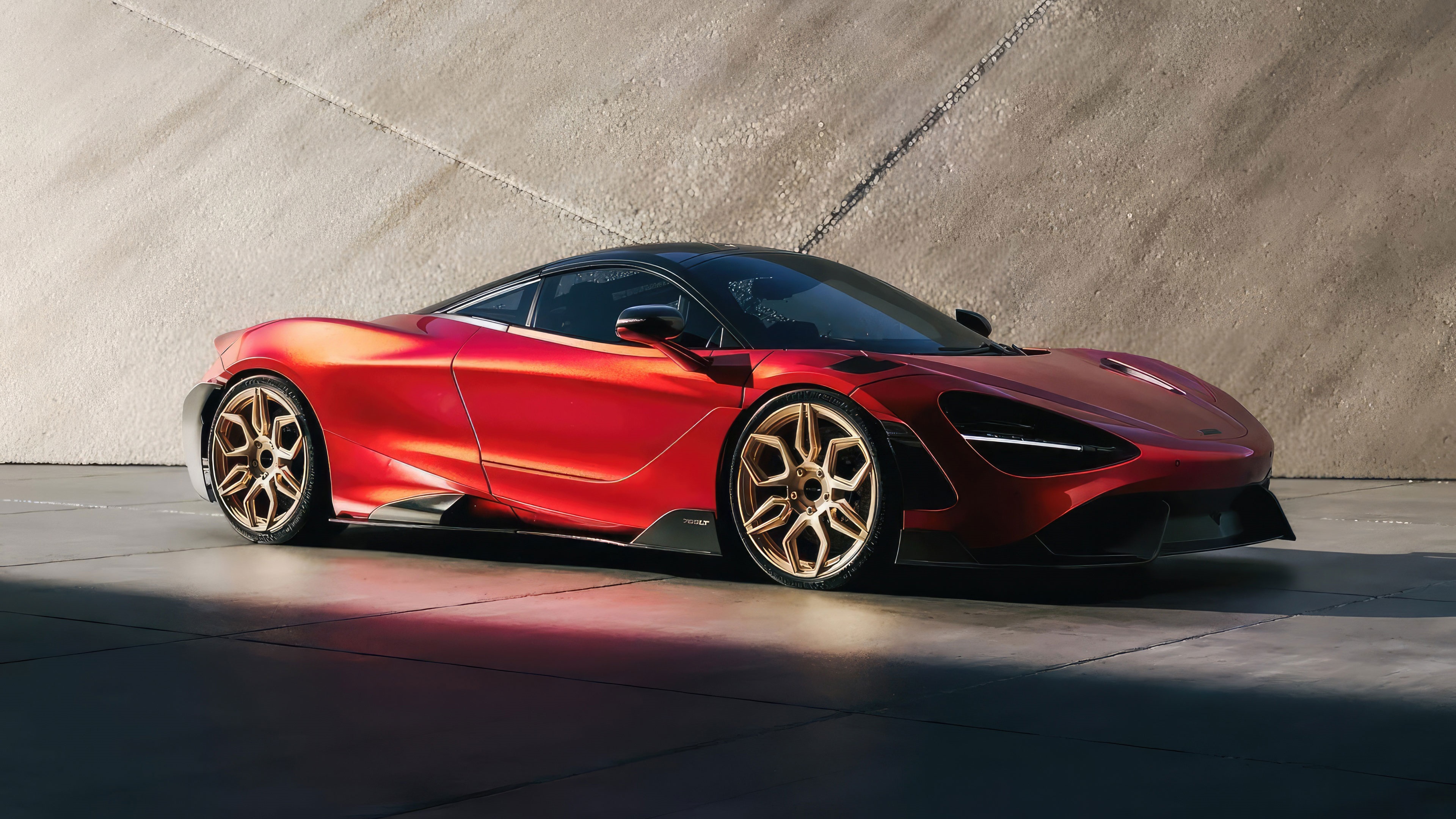 Red McLaren 765LT sports car with gold wheels HD Wallpaper