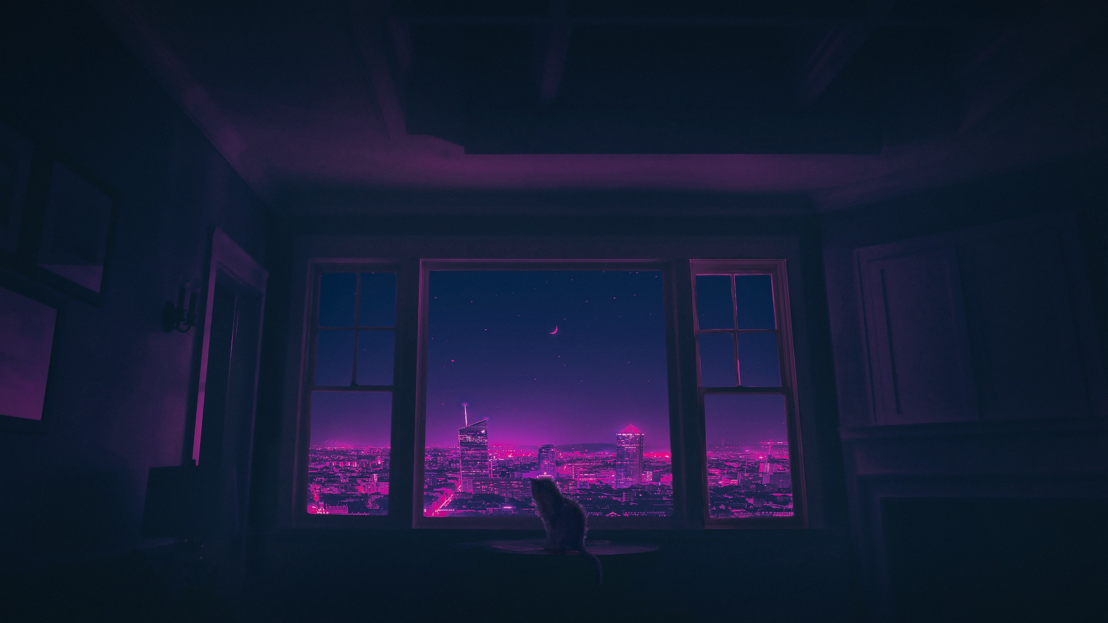 Cat looking at a synthwave city at night HD Wallpaper