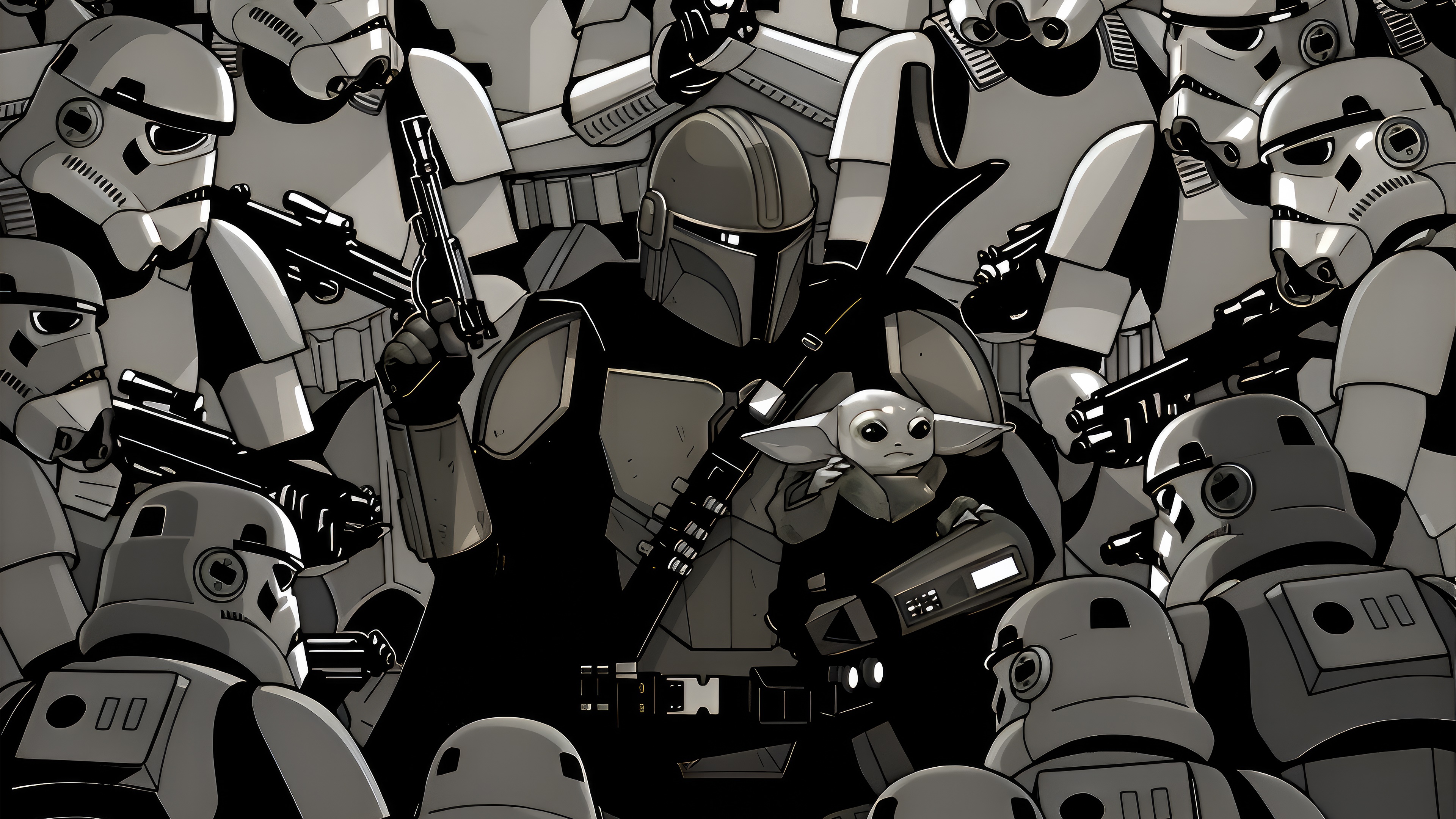 The Mandalorian and Grogu surrounded by Stormtroopers HD Wallpaper