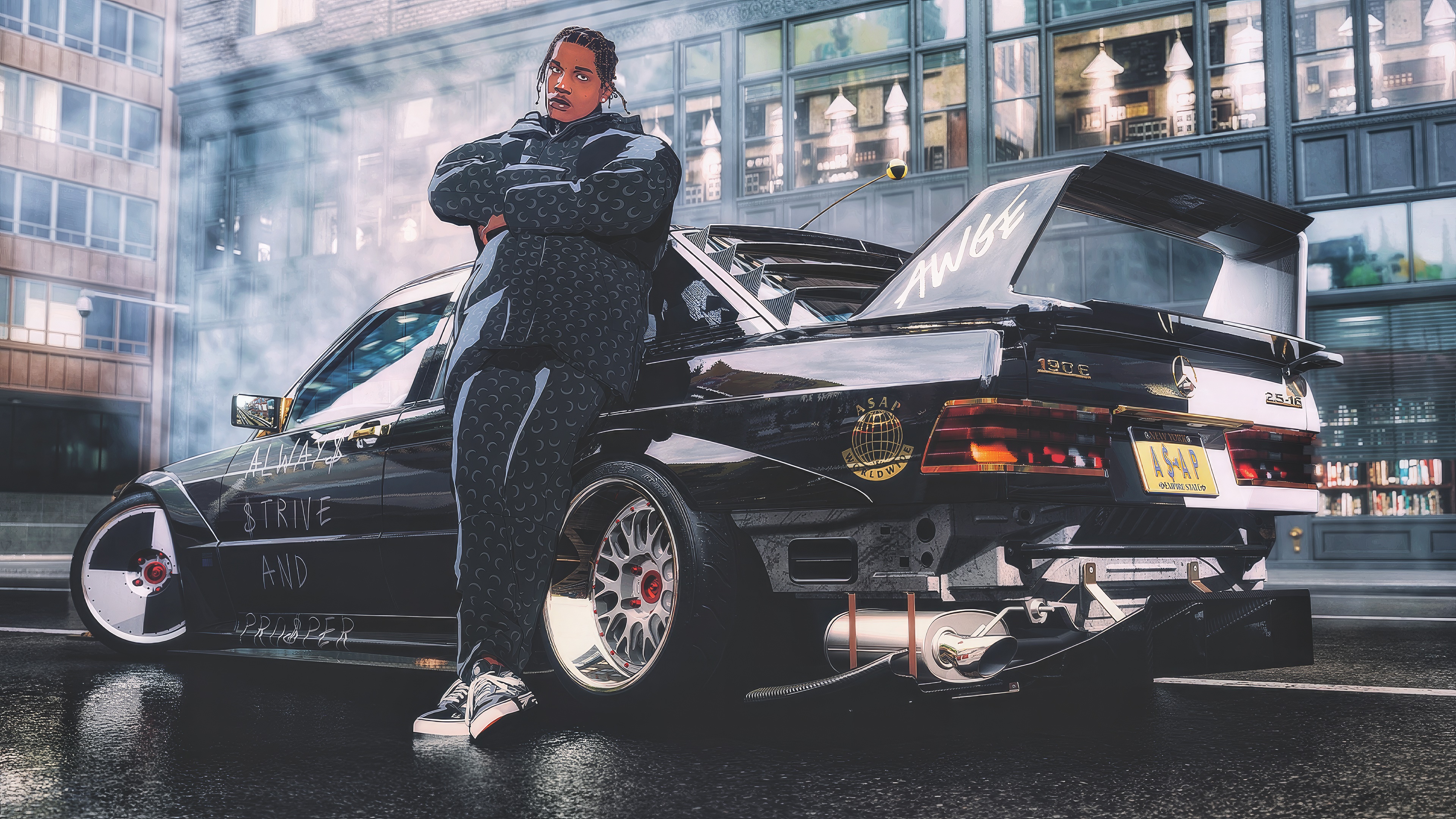 A$AP Rocky leaning on a Mercedes-Benz 190E 2.3-16 in Need for Speed Unbound 4K HD Wallpaper