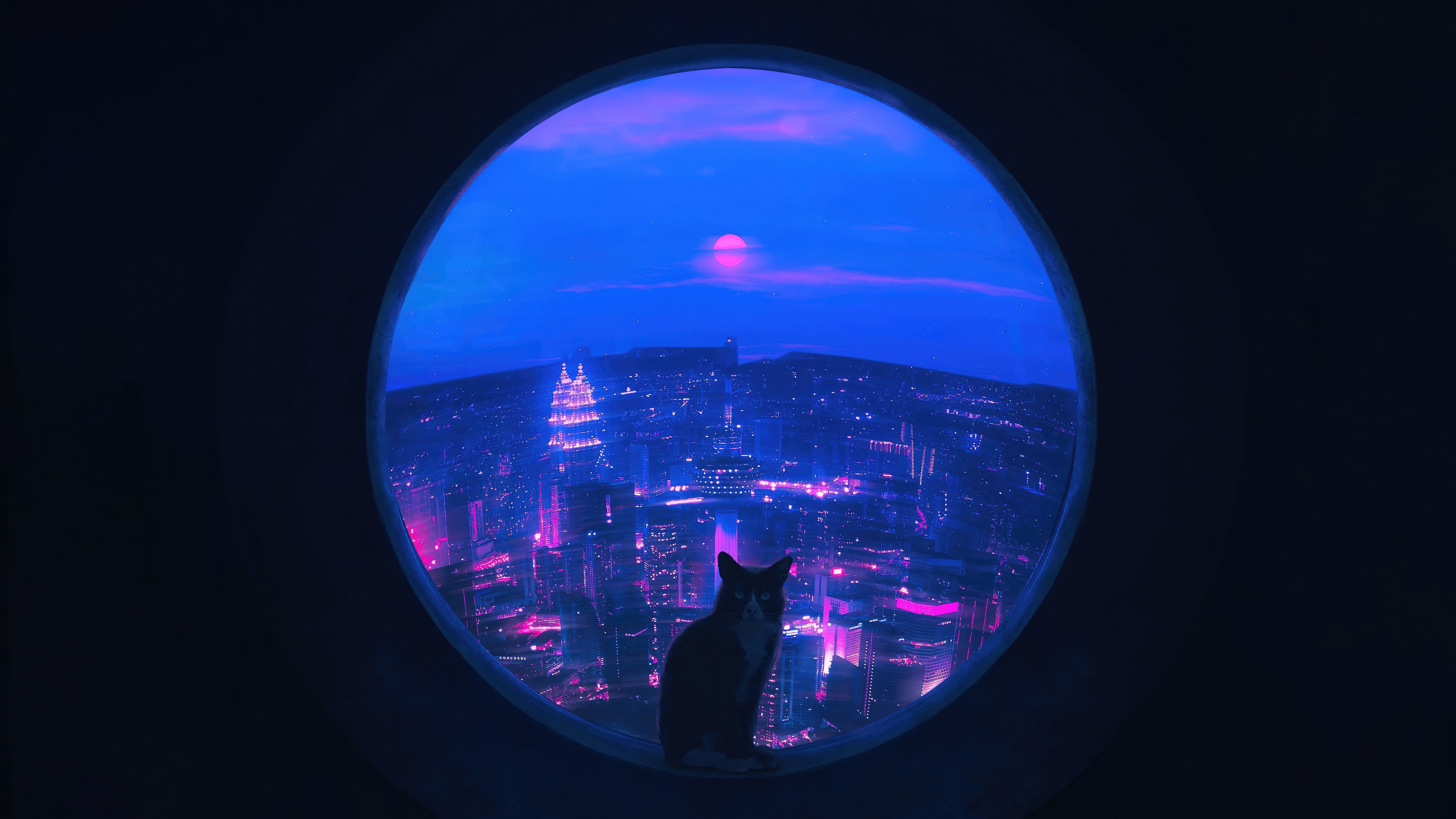 Cat overlooking a neon city at night HD Wallpaper