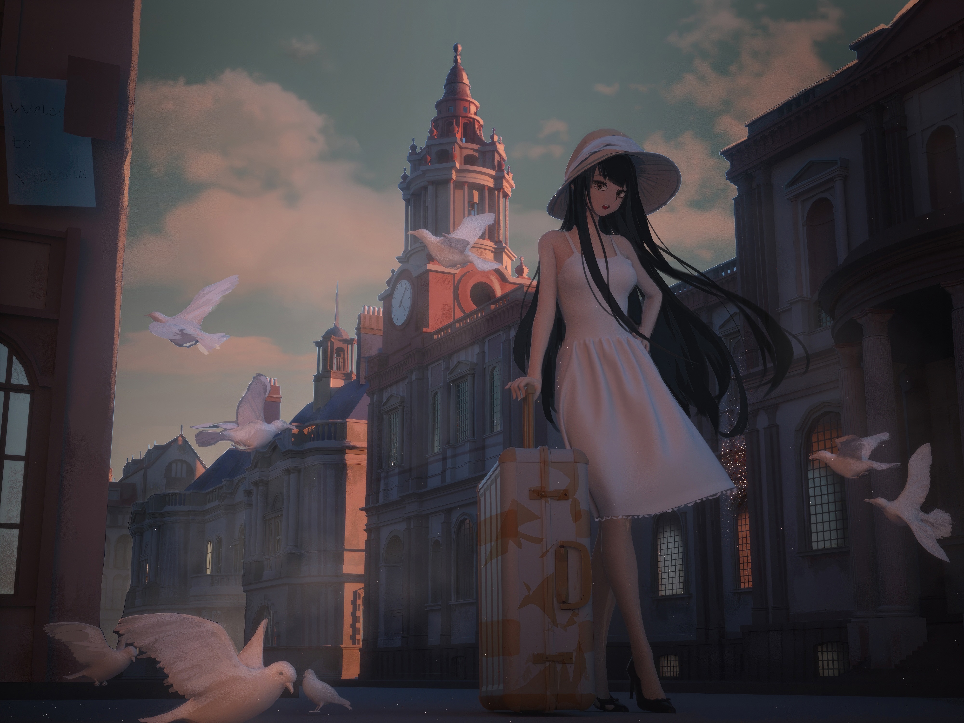 Anime girl with suitcase and doves in city HD Wallpaper
