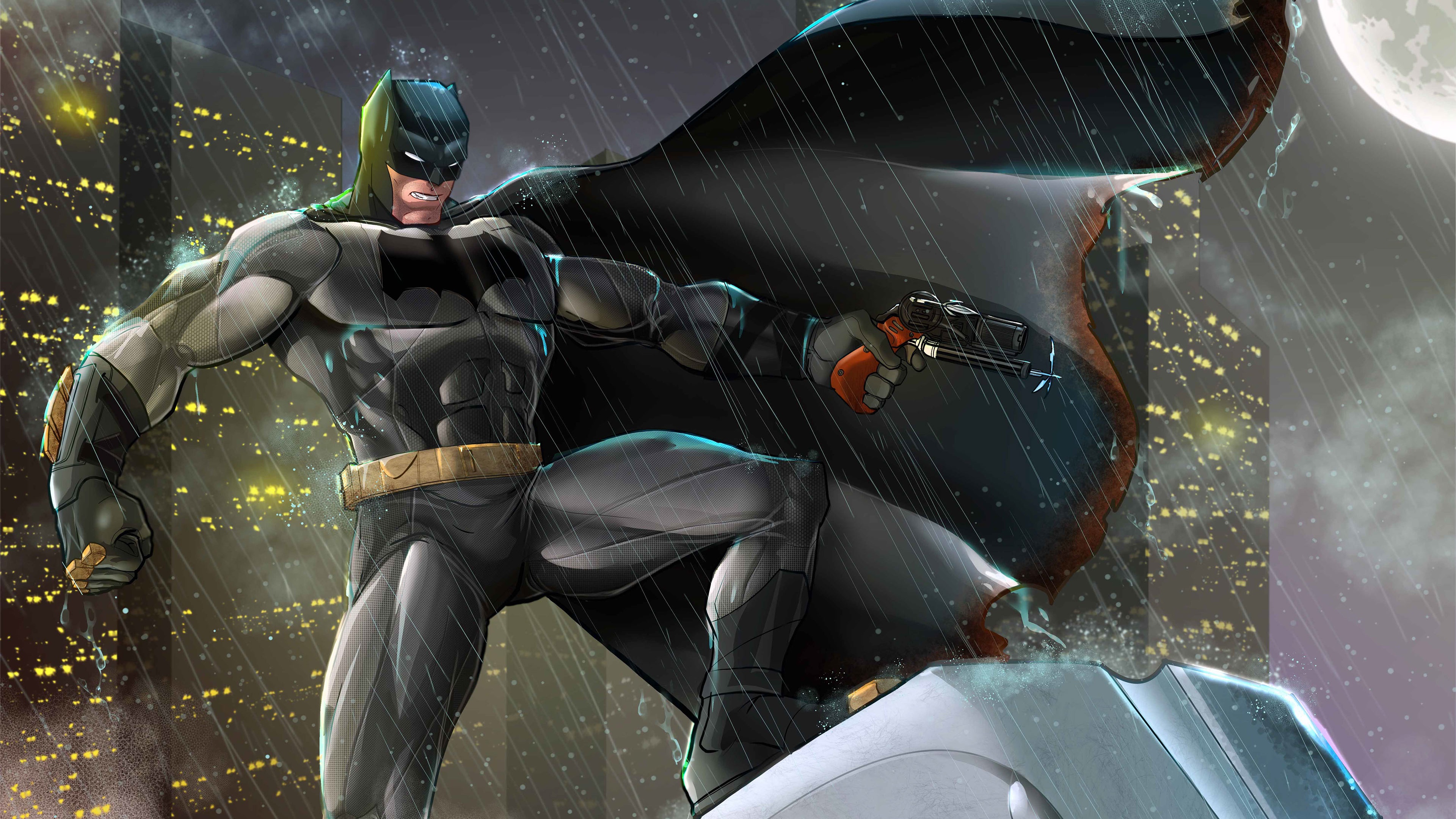 Batman holding a gun in the rain HD Wallpaper