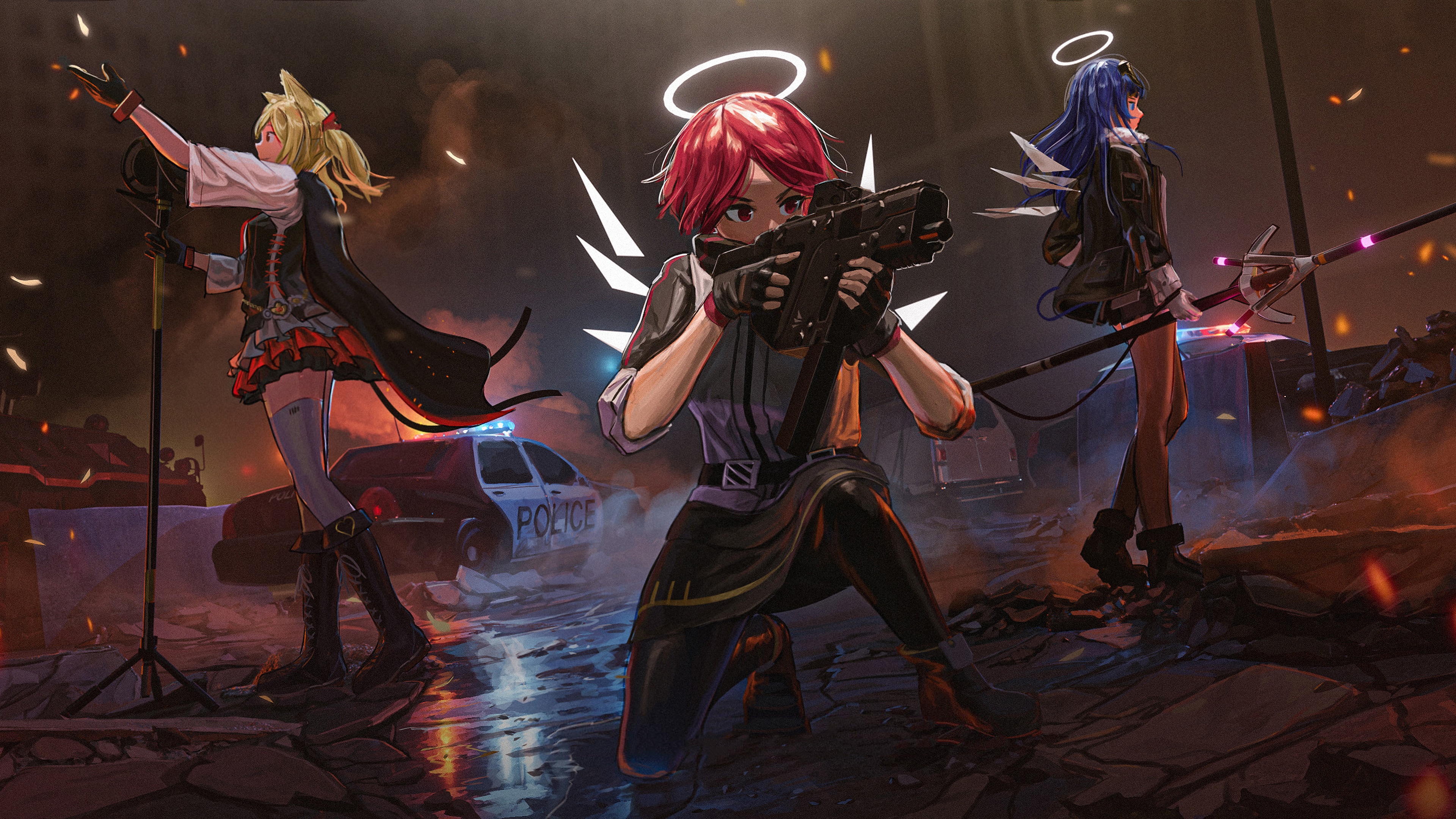 Anime girls with halos and weapons in a destroyed city HD Wallpaper
