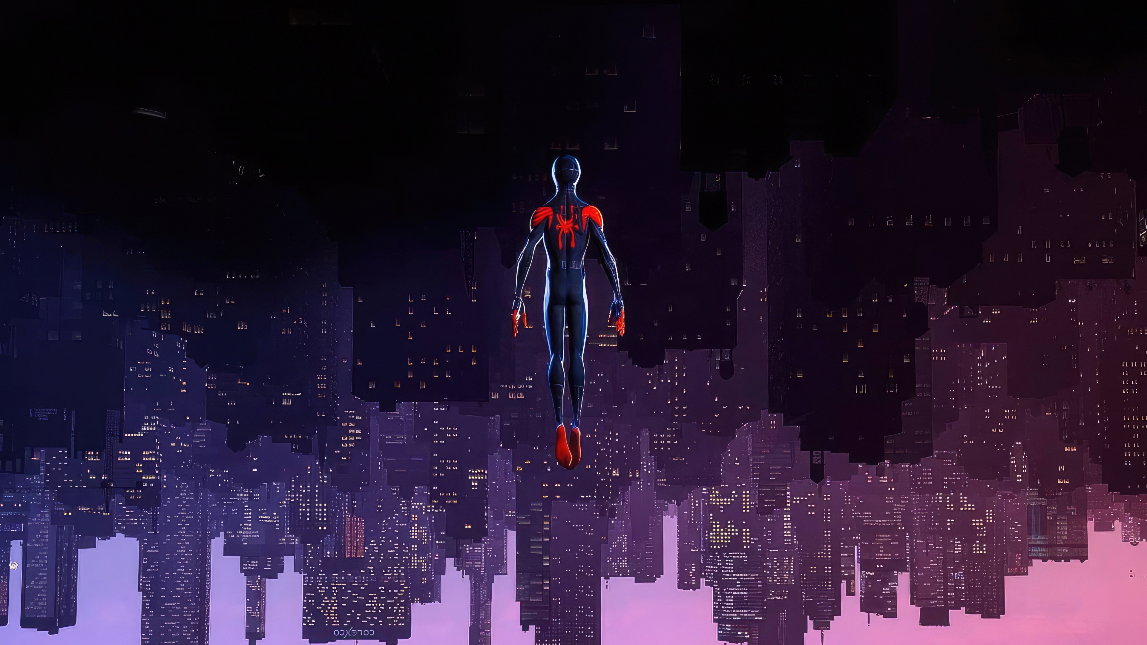 Spider-Man floating above a city at night HD Wallpaper