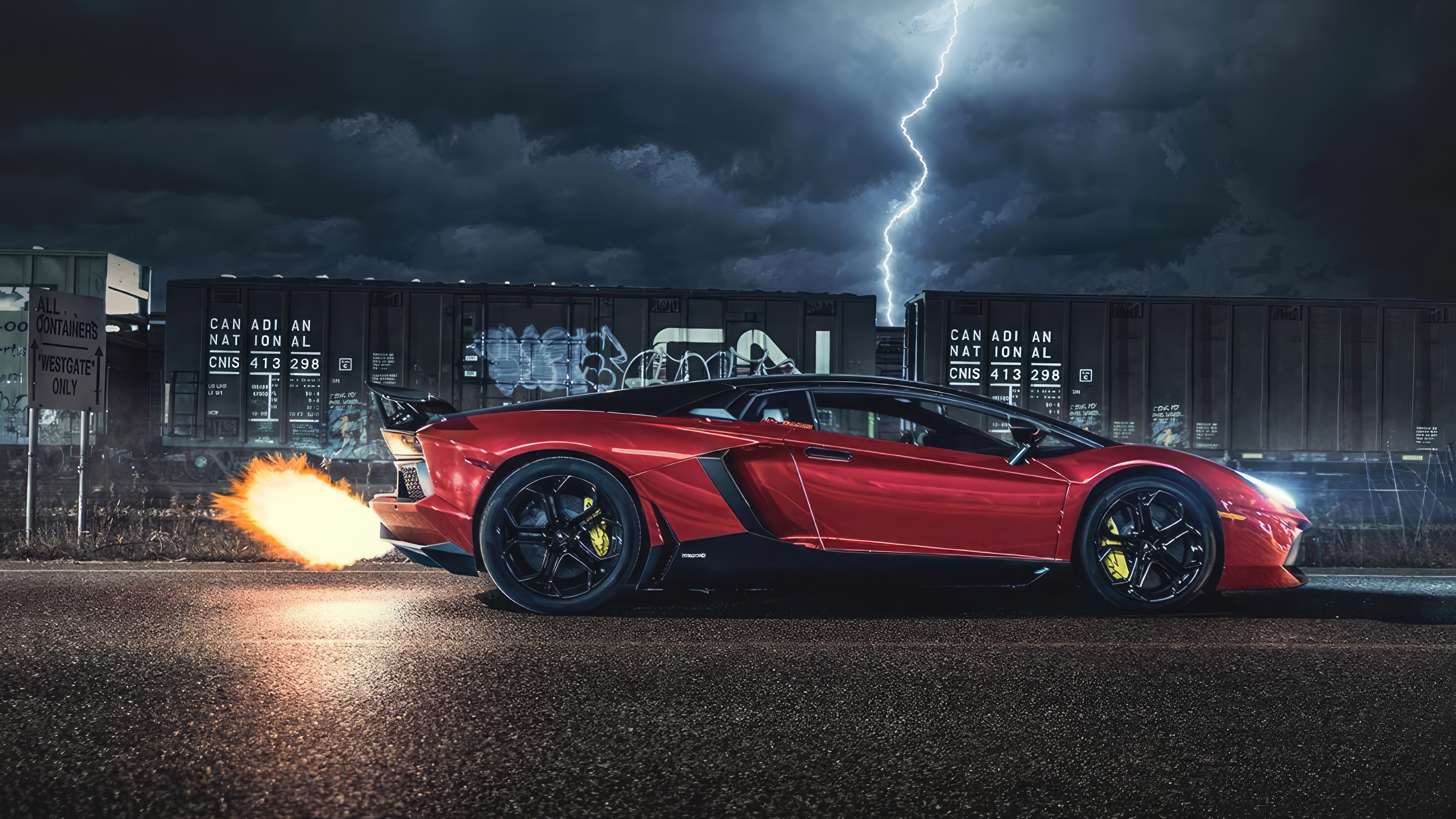 Red Lamborghini Aventador with flames and lightning HD Wallpaper