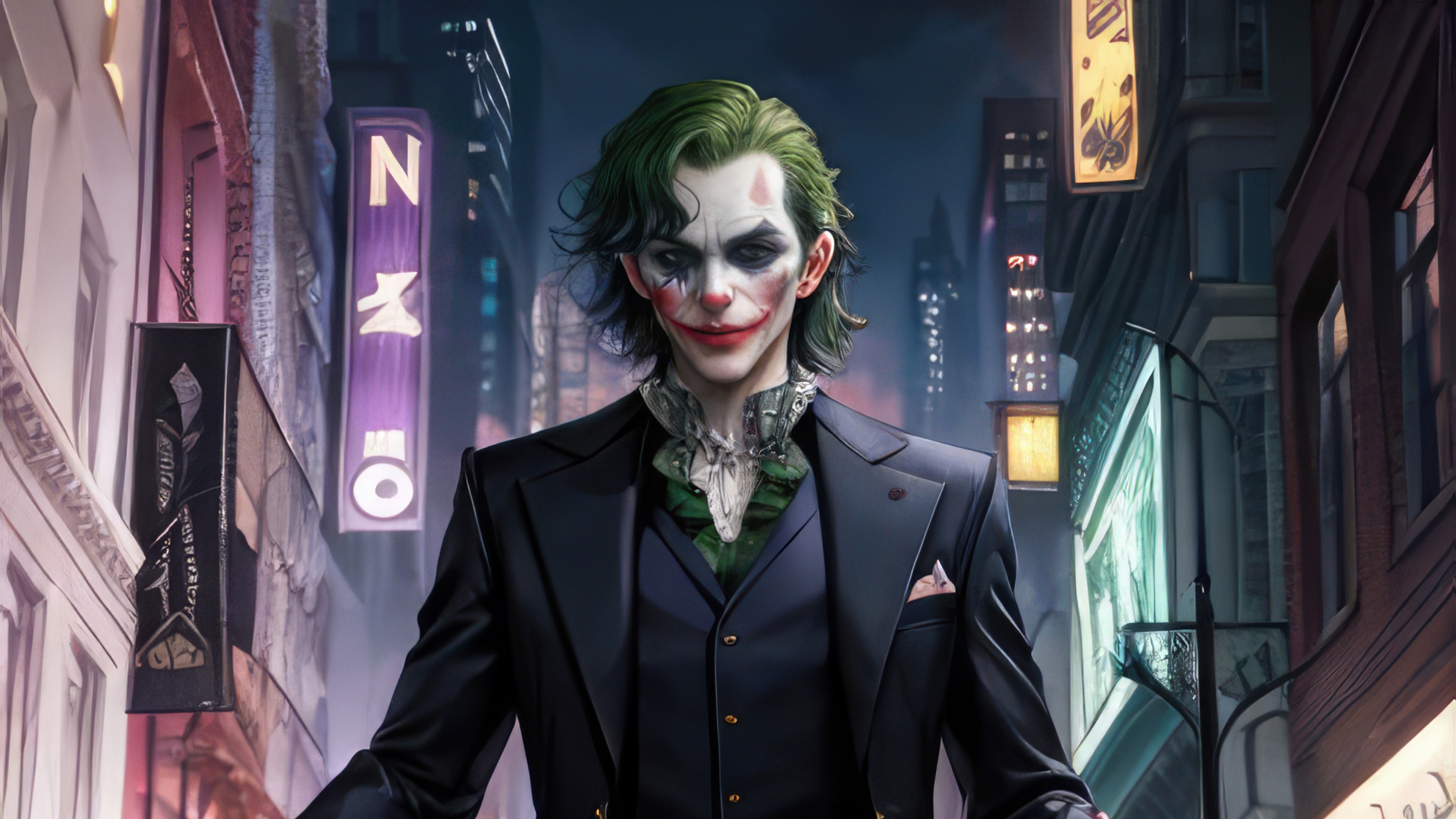 Joker in a dark city street, digital art HD Wallpaper