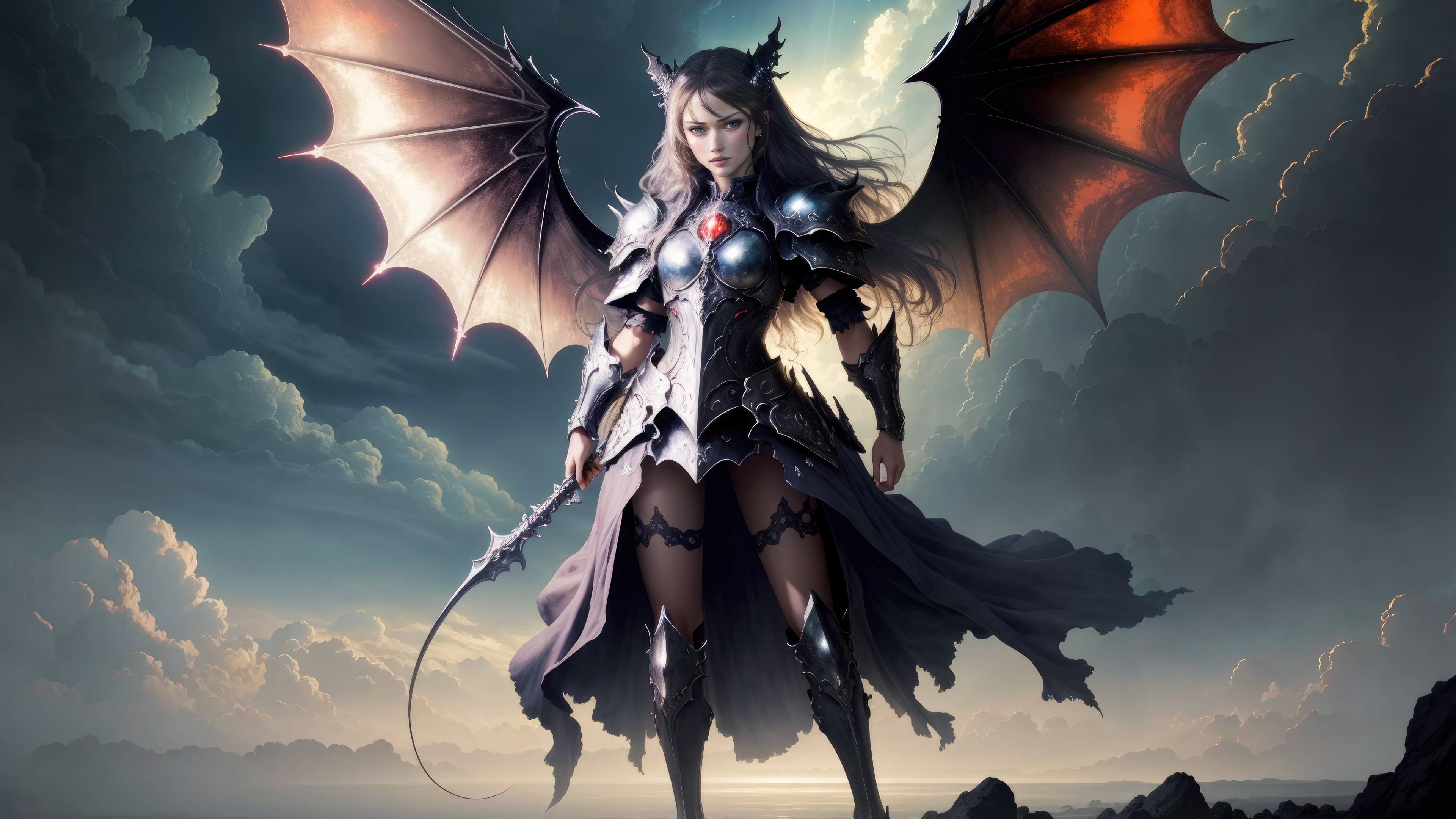 Dragon-winged warrior in dark armor HD Wallpaper