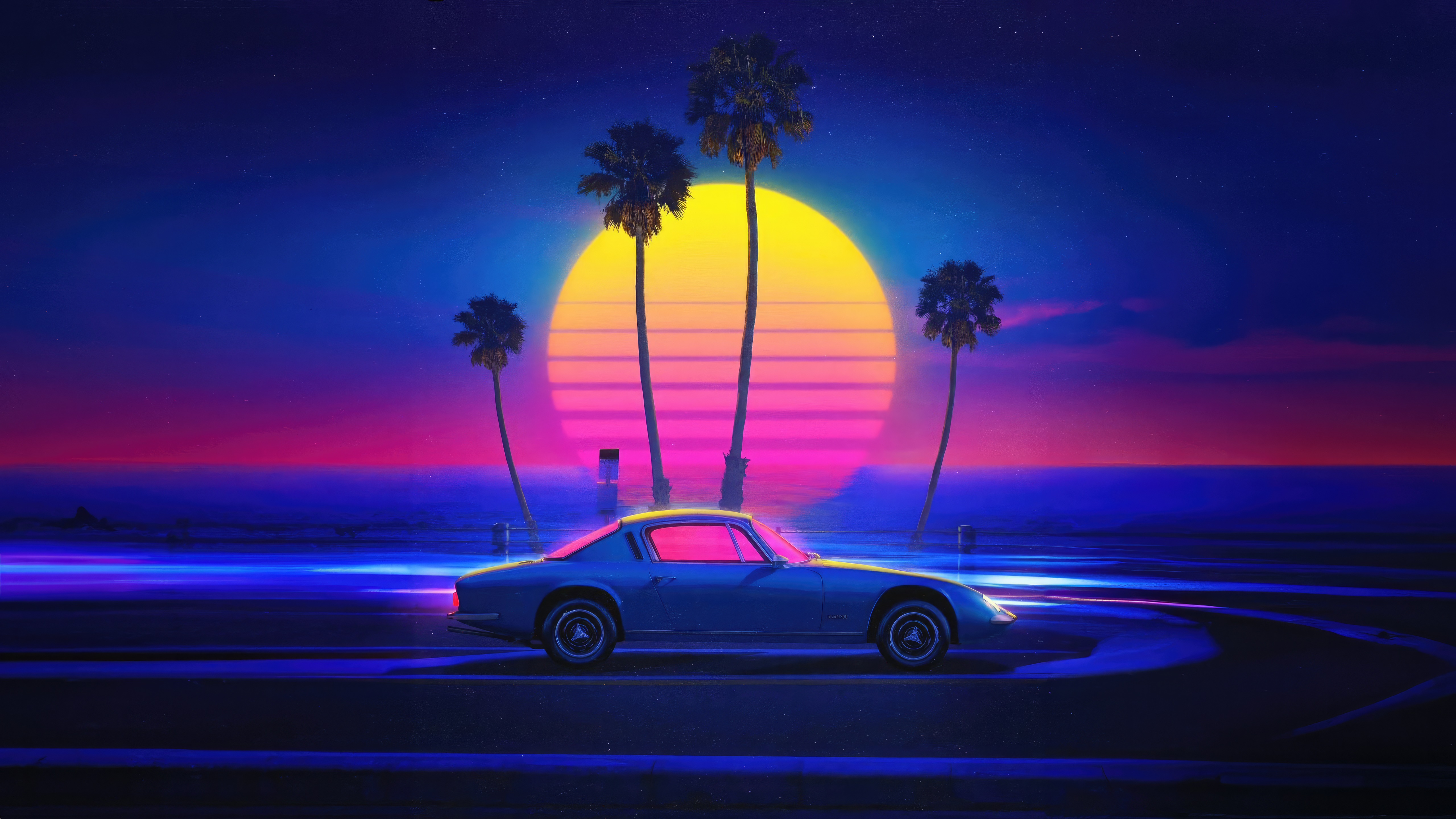 Synthwave artwork of a car on a beach at sunset HD Wallpaper