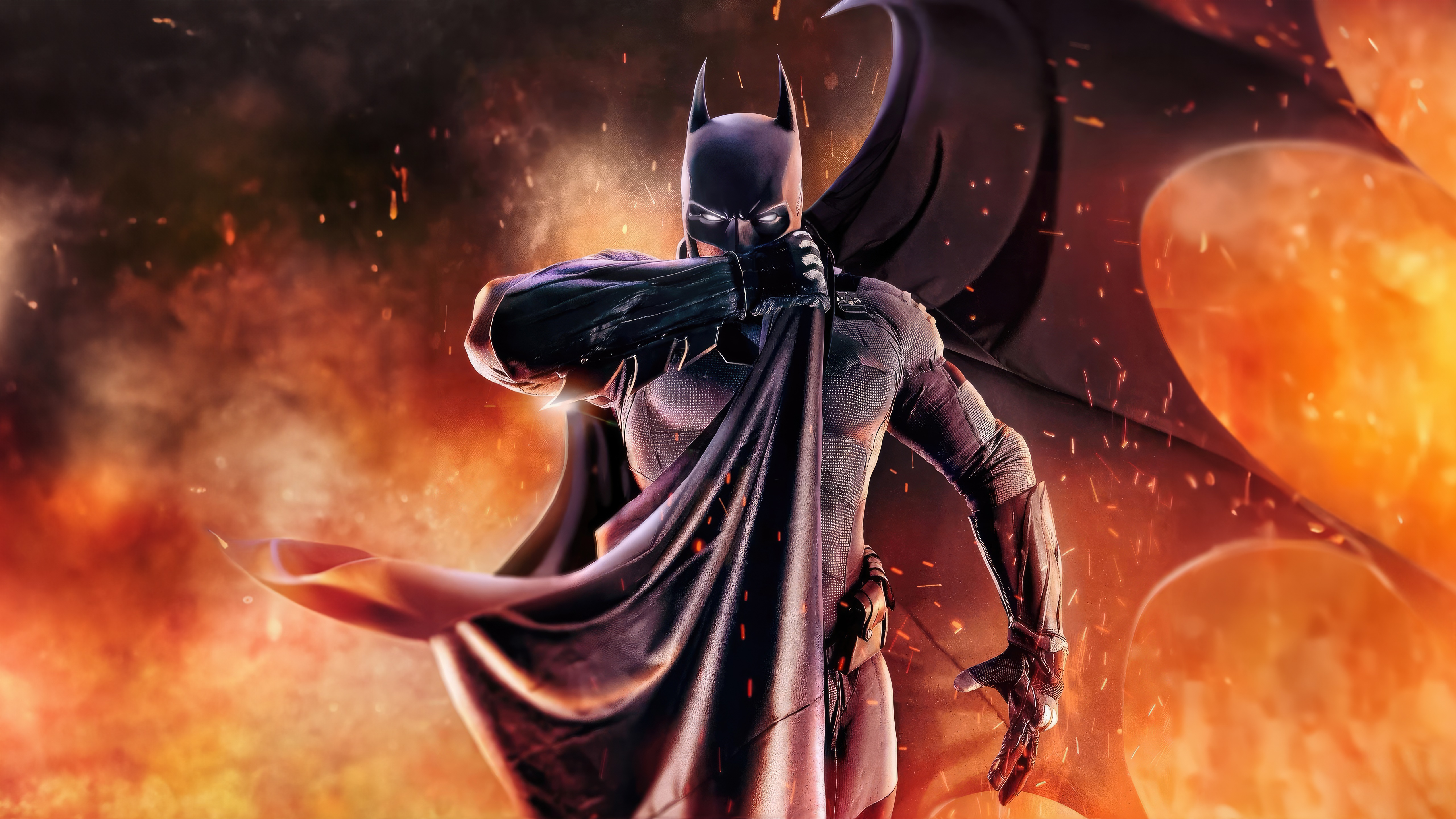 Batman in front of a fiery background HD Wallpaper