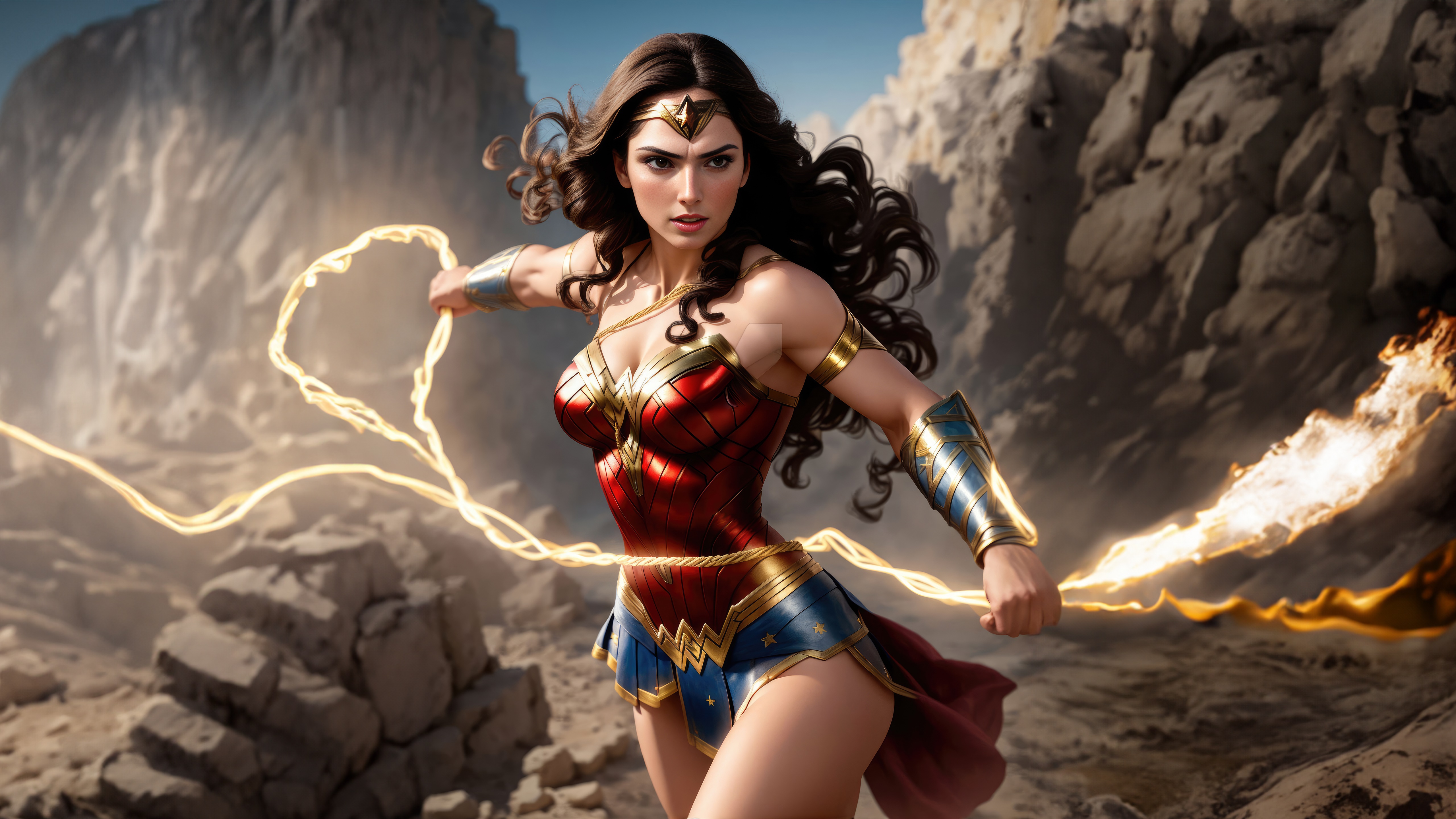 Wonder Woman with Lasso of Truth in Rocky Terrain HD Wallpaper