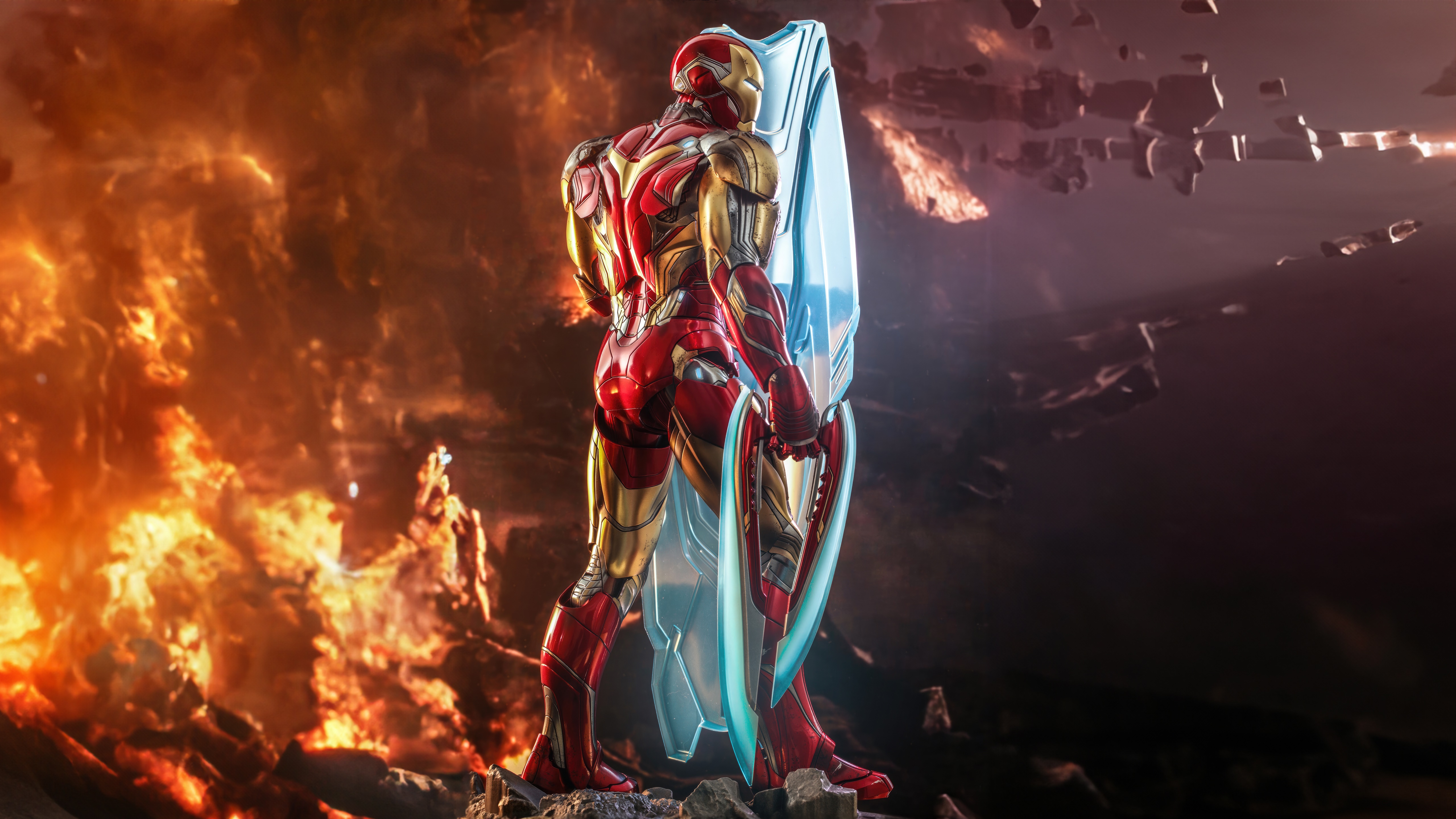 Iron Man with energy shield in front of explosion HD Wallpaper