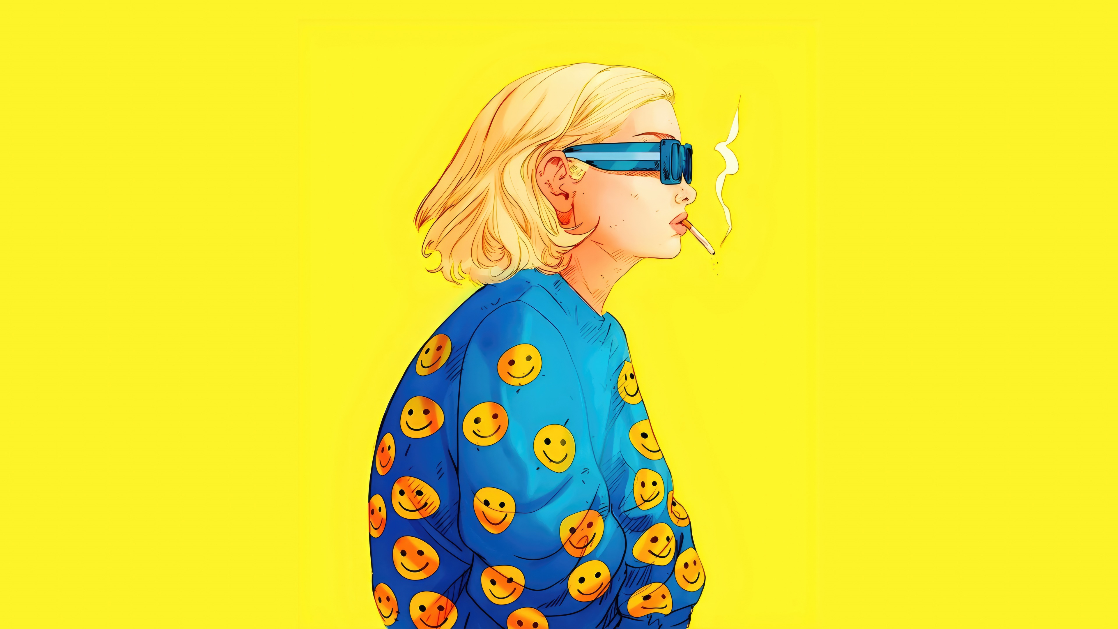 Girl with smiley face hoodie and sunglasses smoking HD Wallpaper