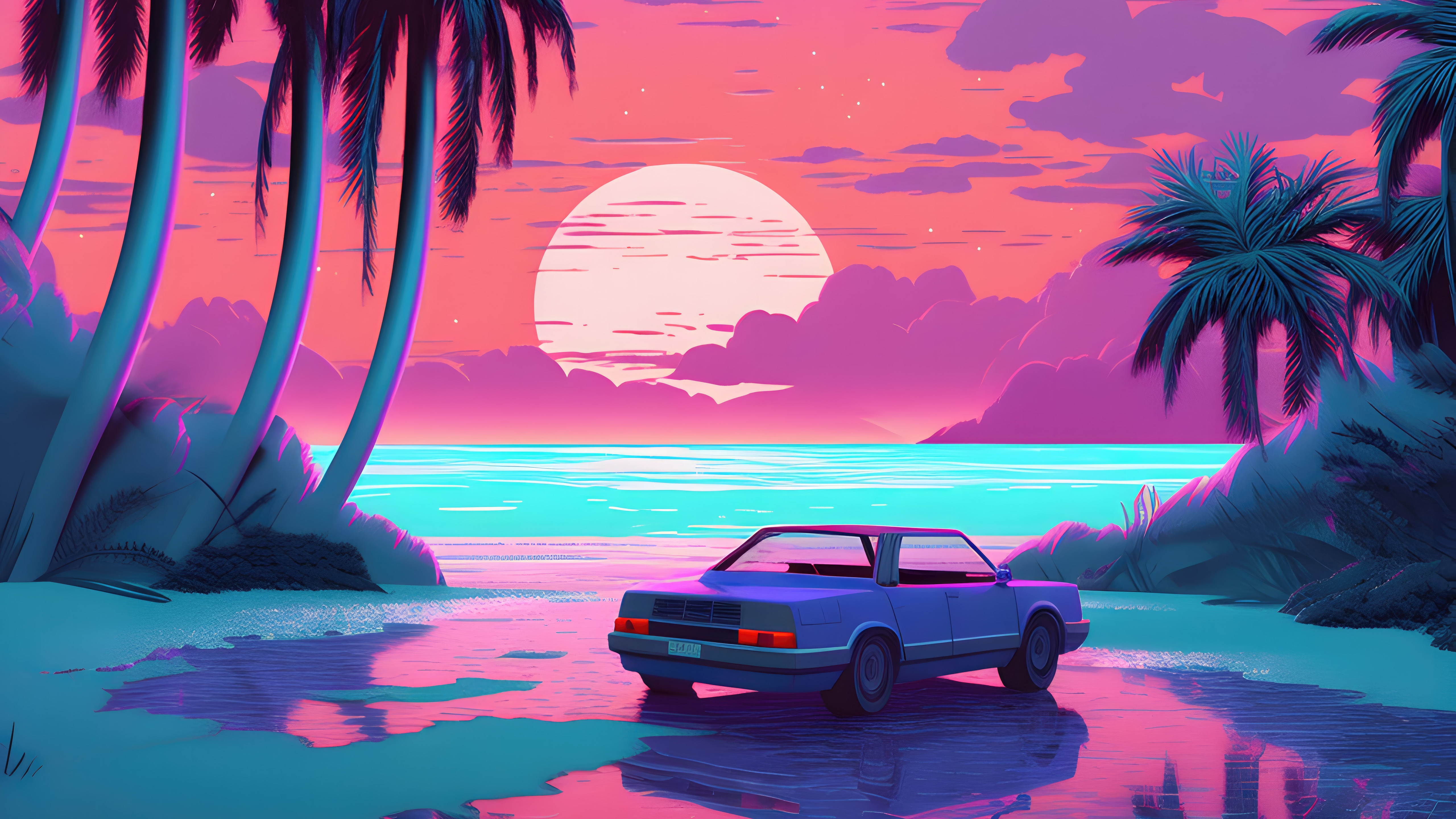 Synthwave artwork of a car on a beach at sunset HD Wallpaper
