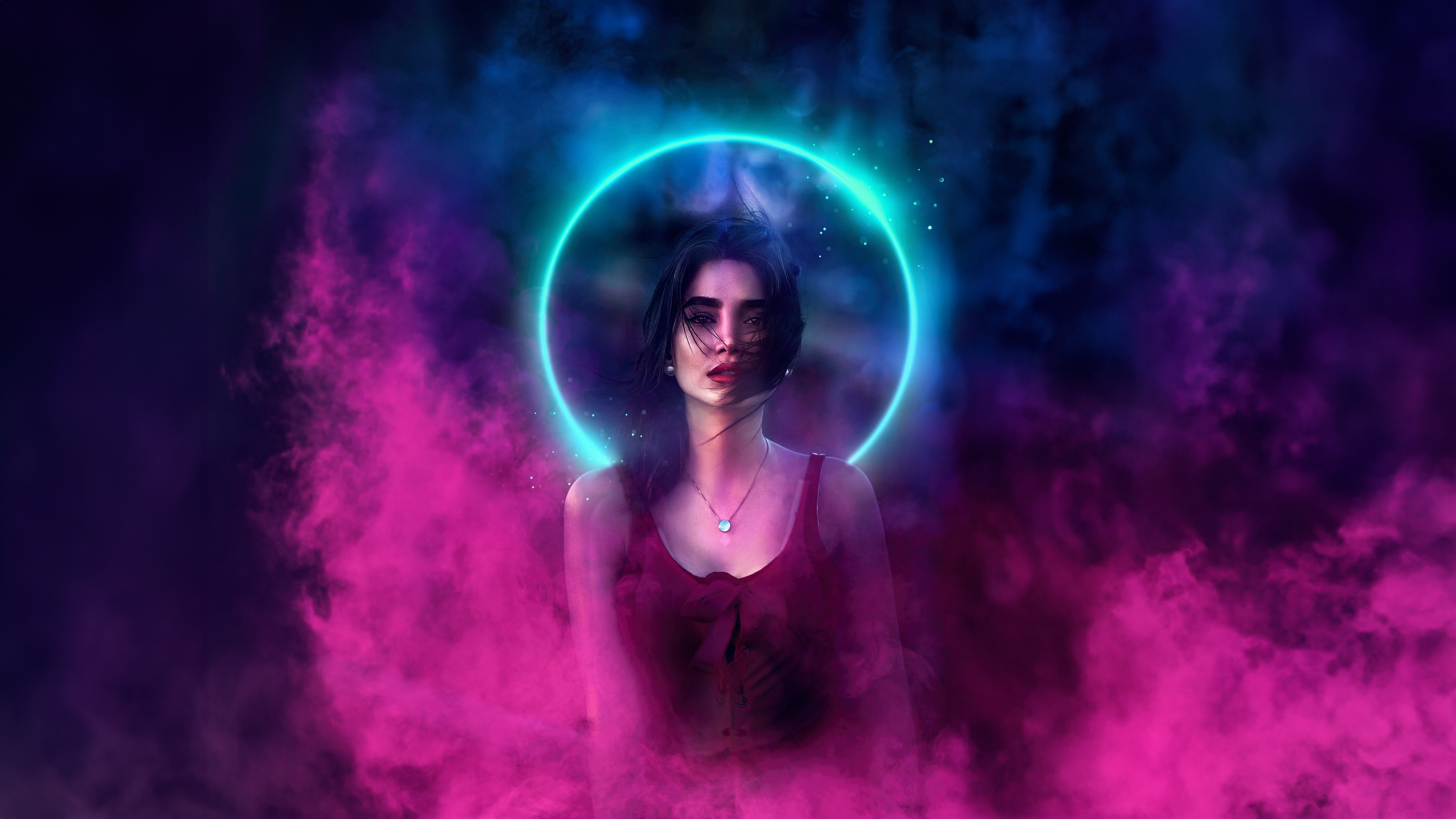 Digital Art of a Woman with a Neon Halo HD Wallpaper