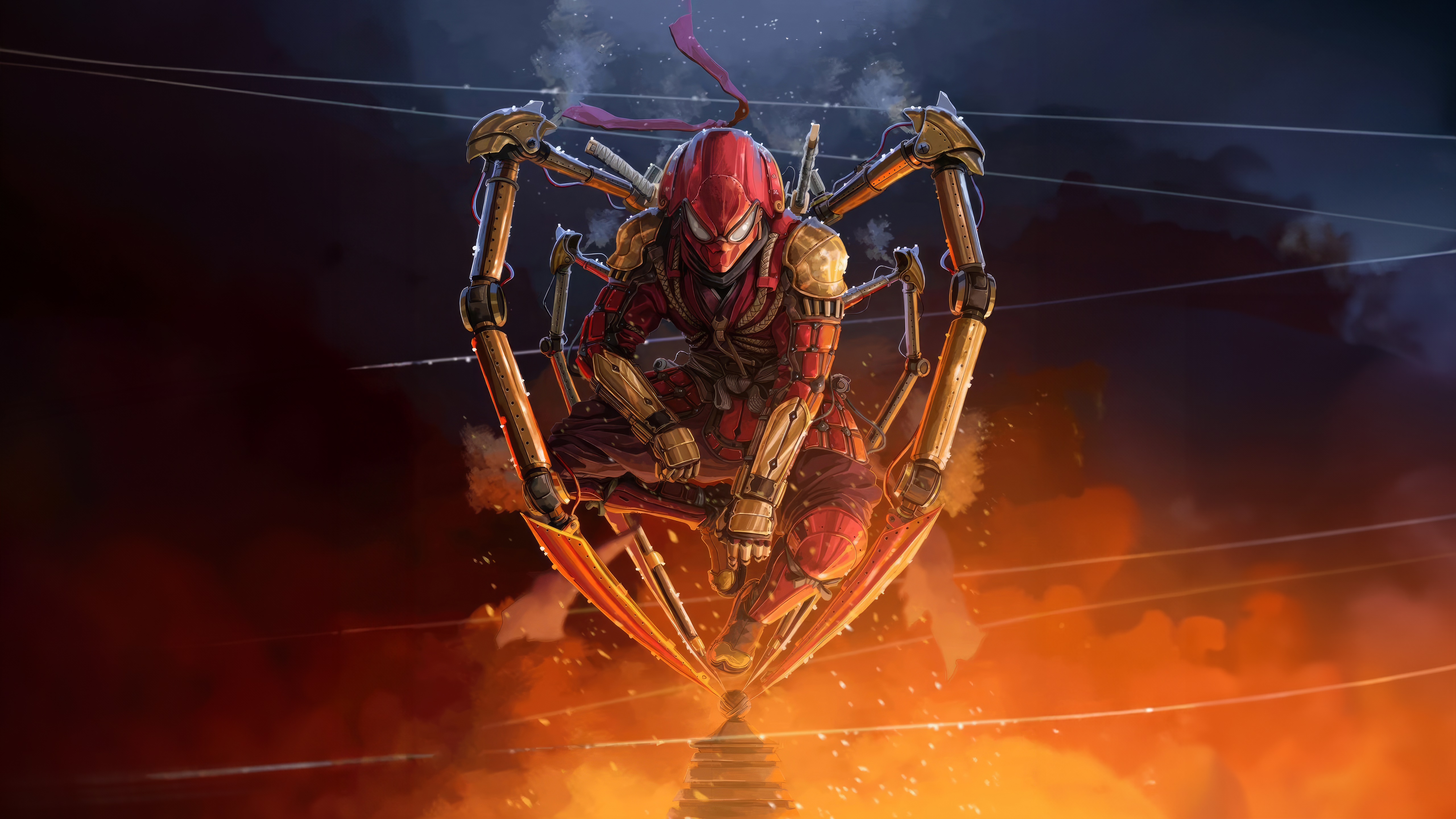 Spiderman in Samurai Armor with Mechanical Arms HD Wallpaper