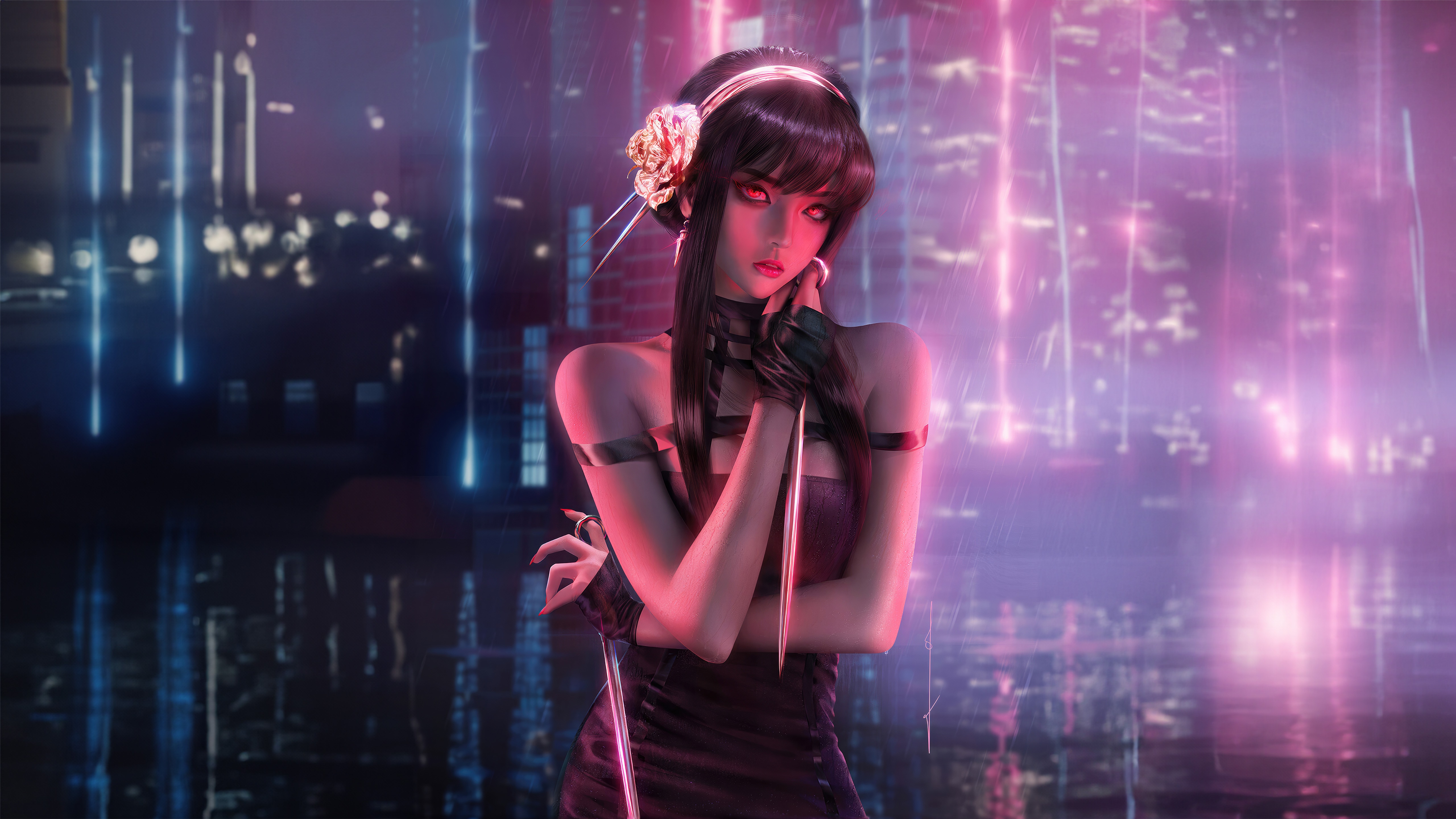 Yor Forger with Knives in a Neon City HD Wallpaper