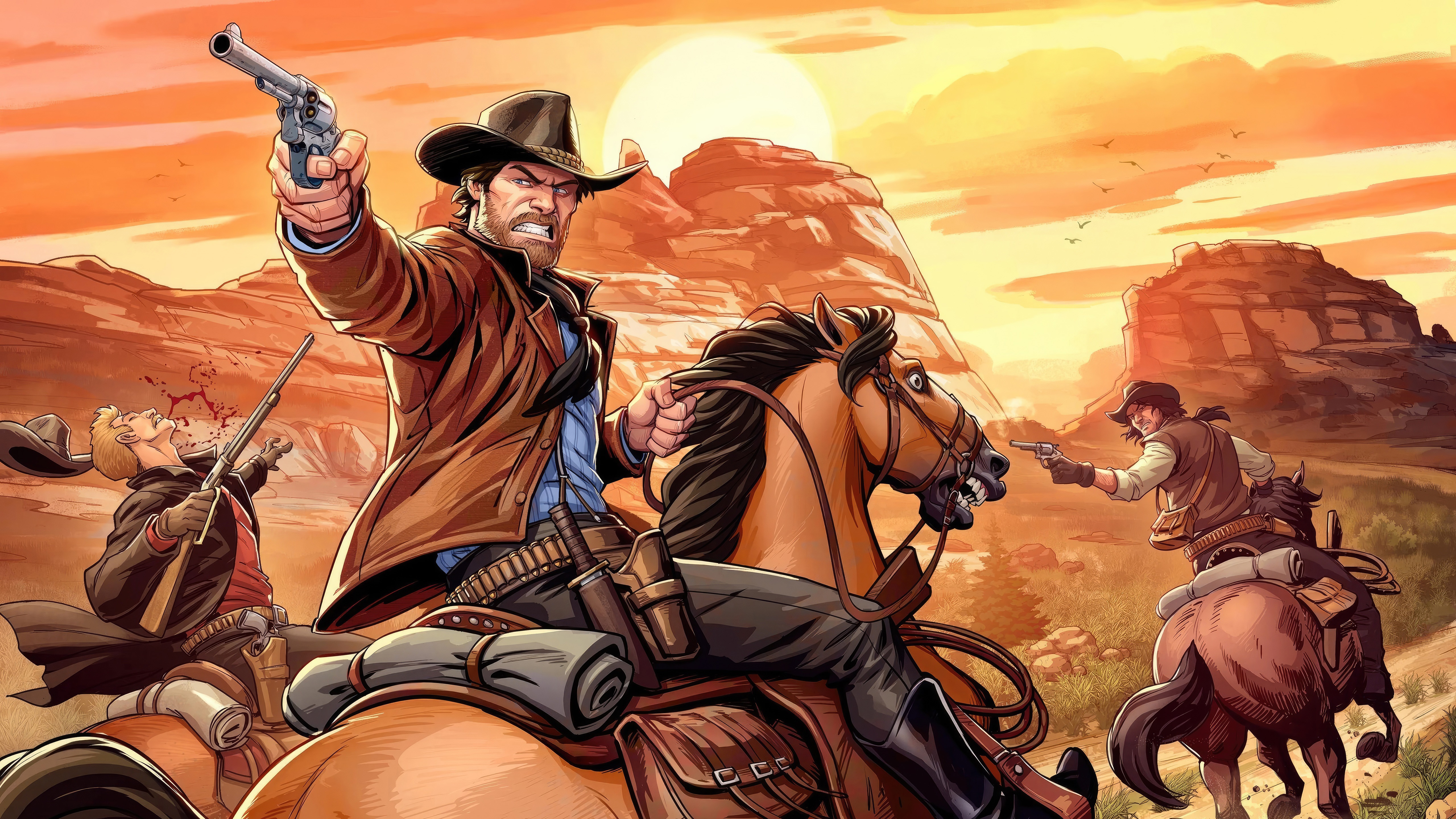 Red Dead Redemption 2 artwork of cowboys in a shootout HD Wallpaper