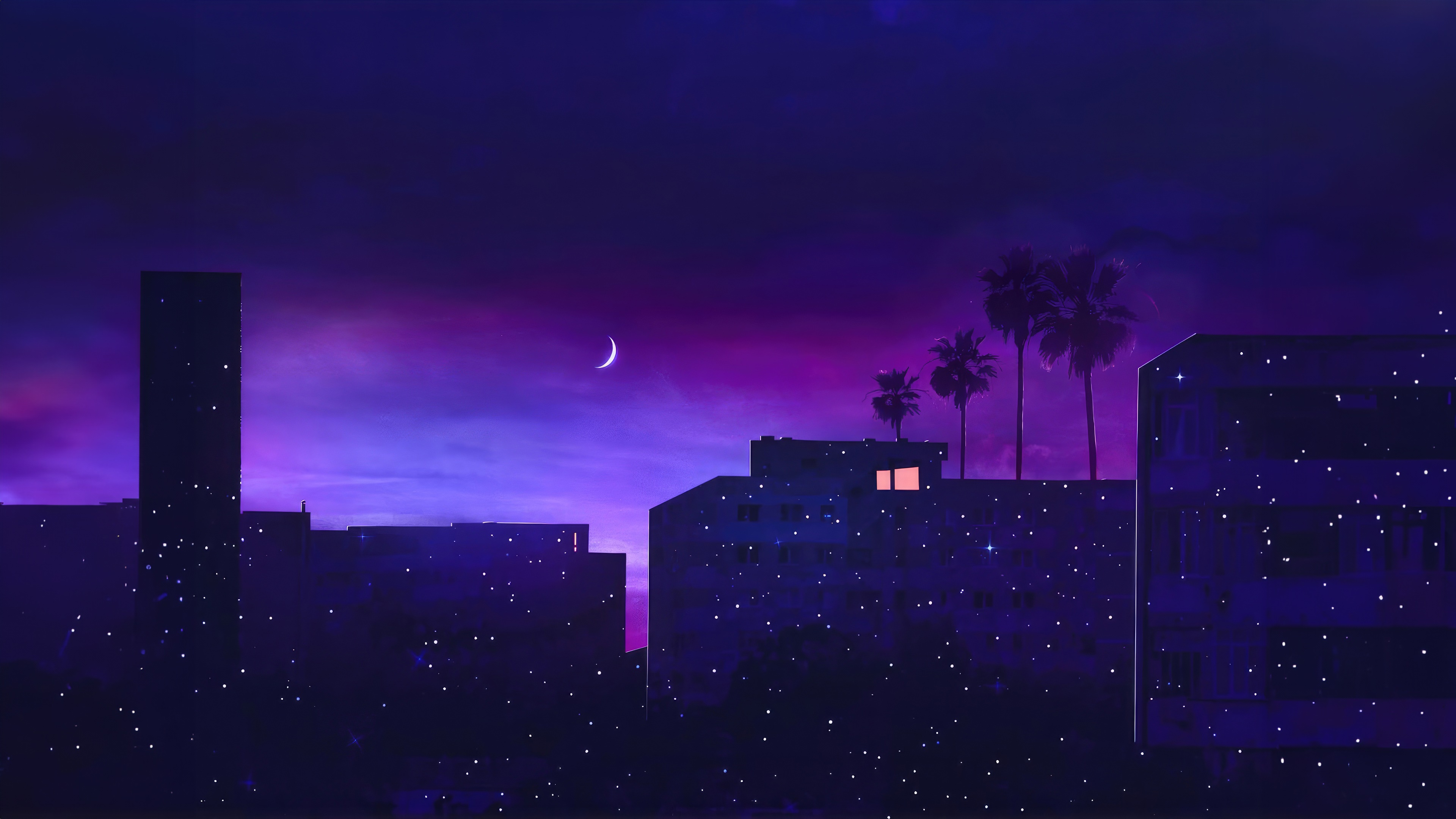 Synthwave cityscape with palm trees and crescent moon HD Wallpaper