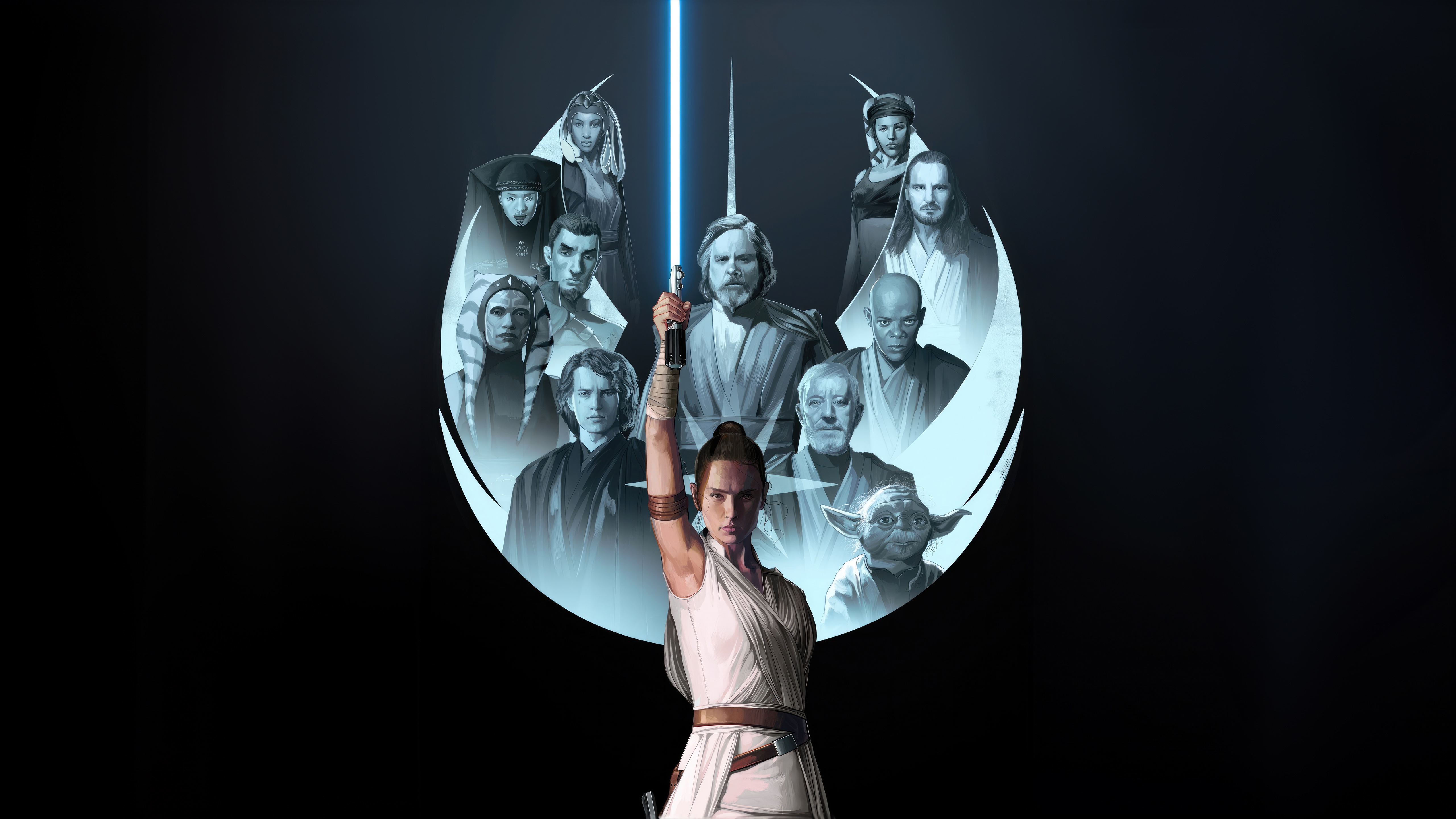 Star Wars Characters with Rey Holding a Lightsaber HD Wallpaper