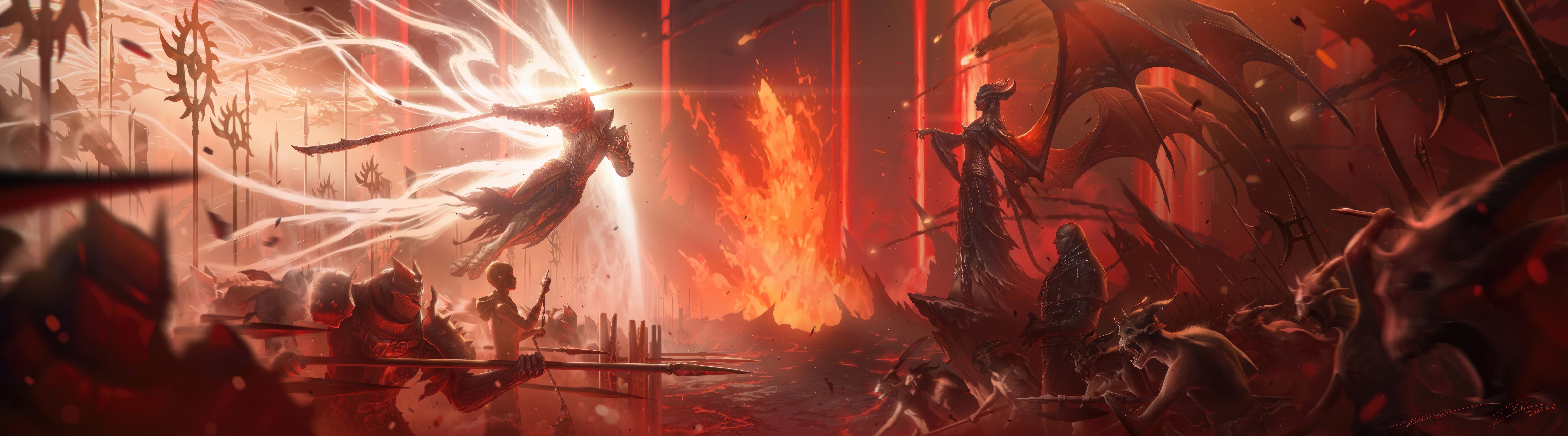 Diablo 4: Angelic and Demonic Forces Clash in Fiery Landscape HD Wallpaper