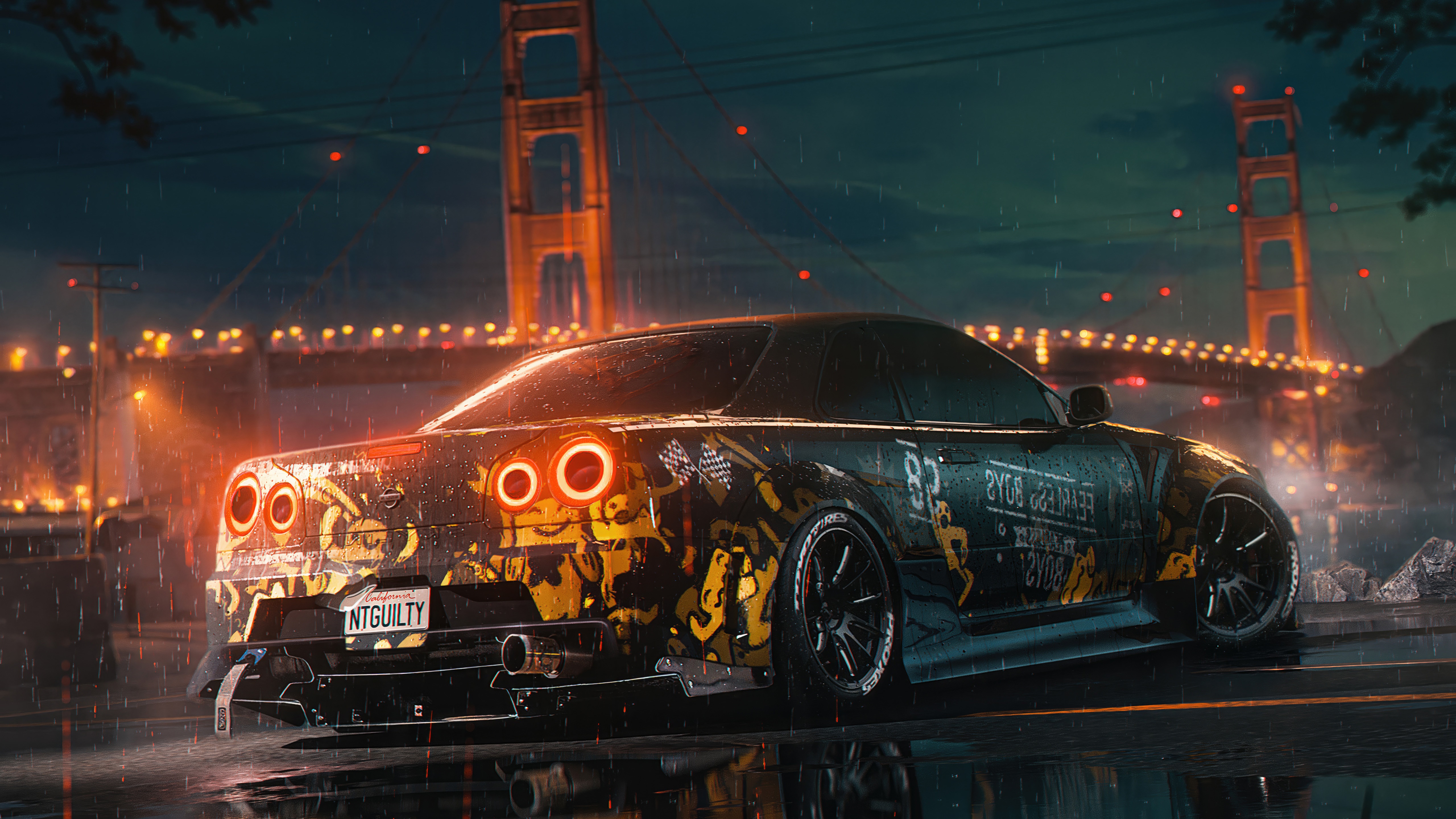 Nissan GT-R in the rain at night HD Wallpaper