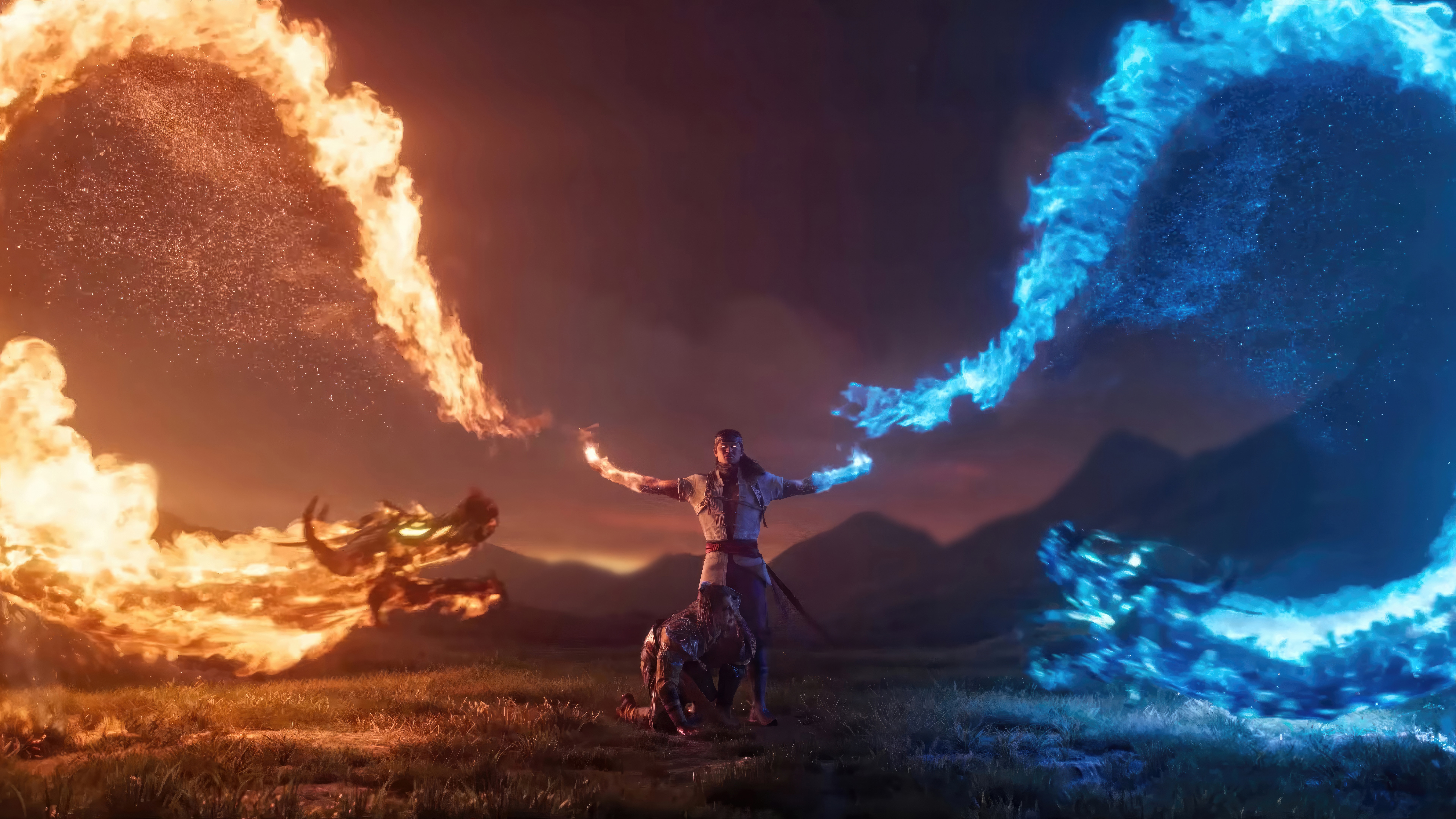 Liu Kang wielding fire and ice dragons in Mortal Kombat 1 HD Wallpaper