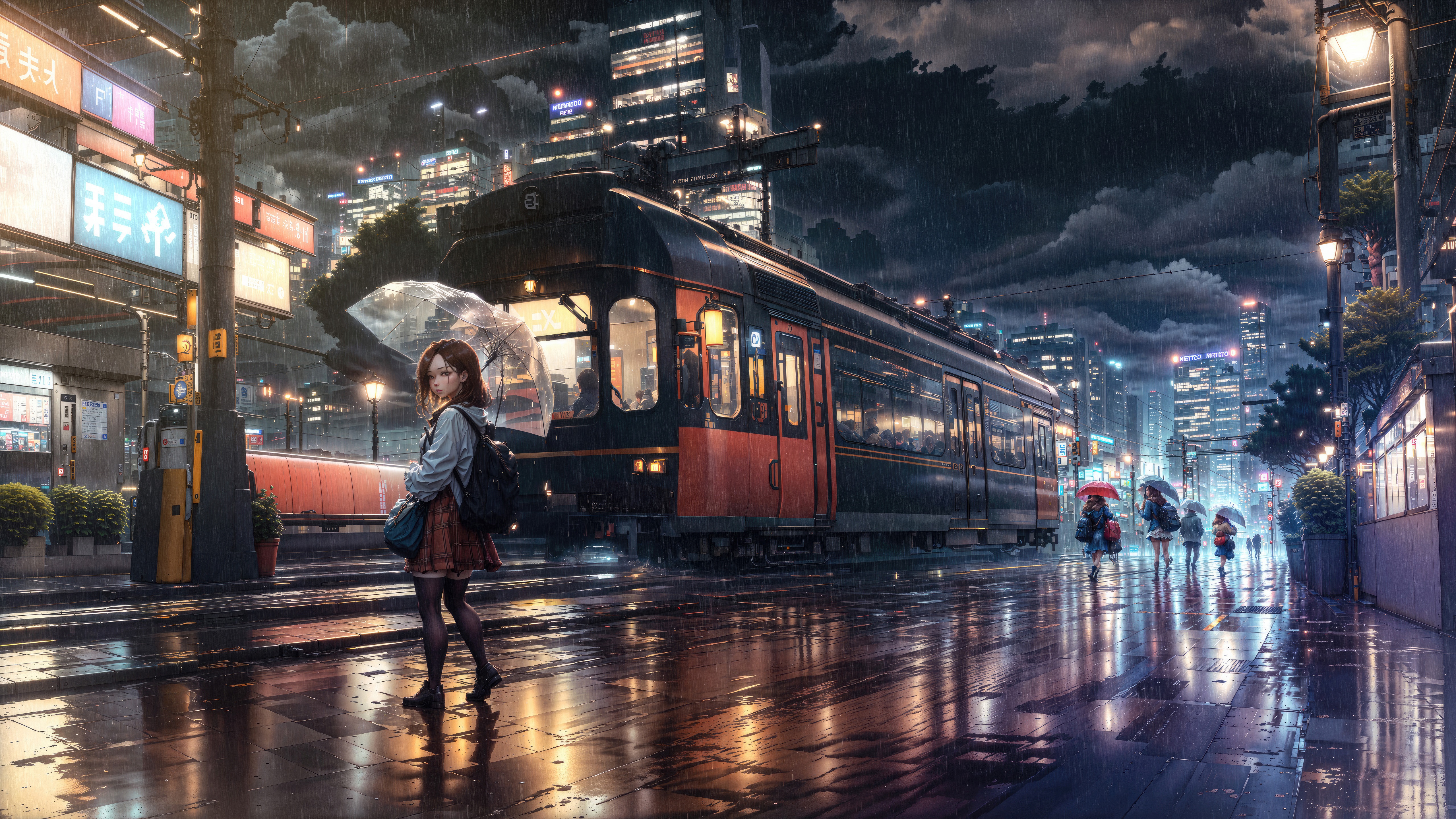 Anime girl with umbrella on a rainy night at a tram station HD Wallpaper