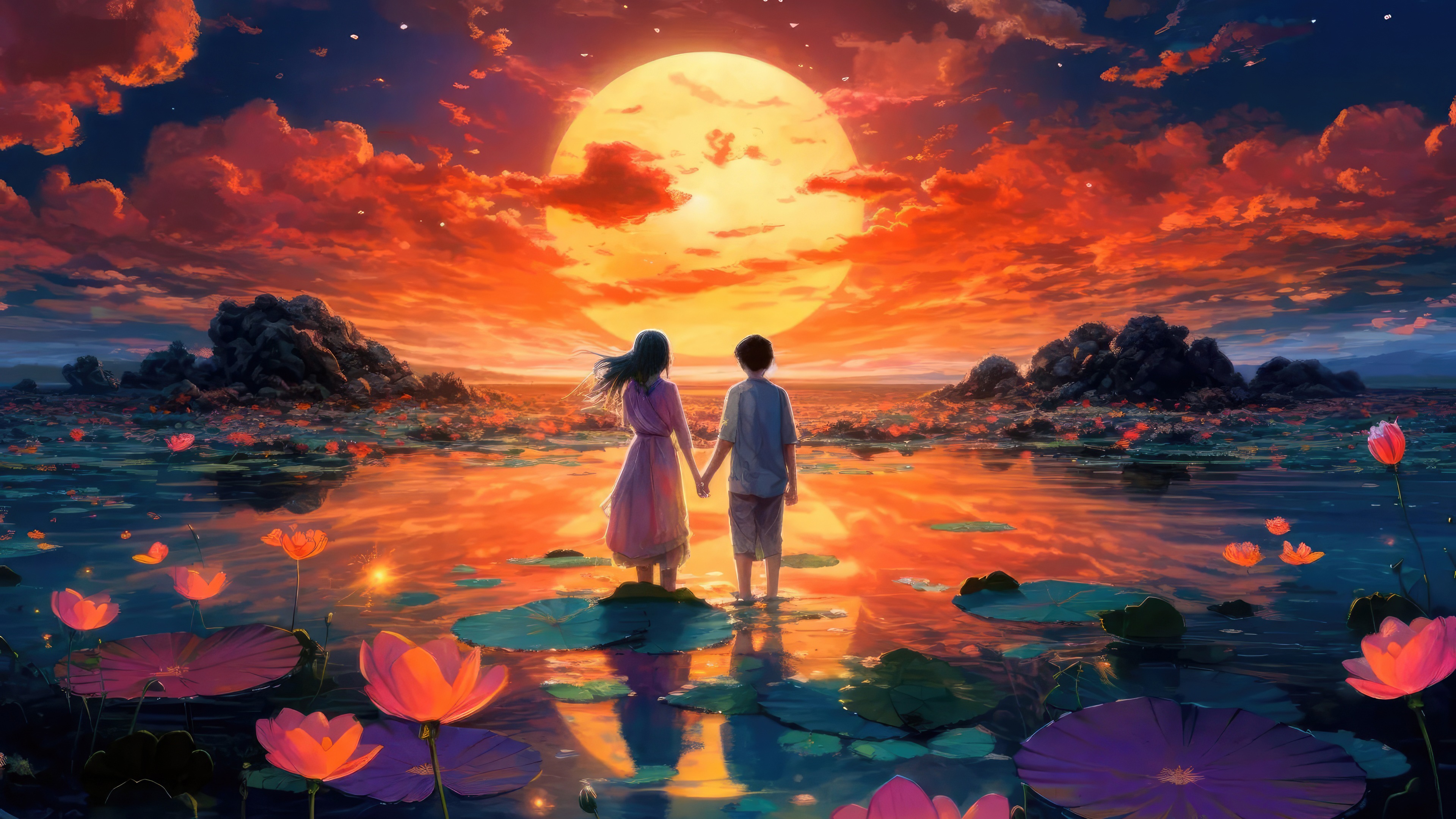 Couple holding hands in front of a large moon HD Wallpaper