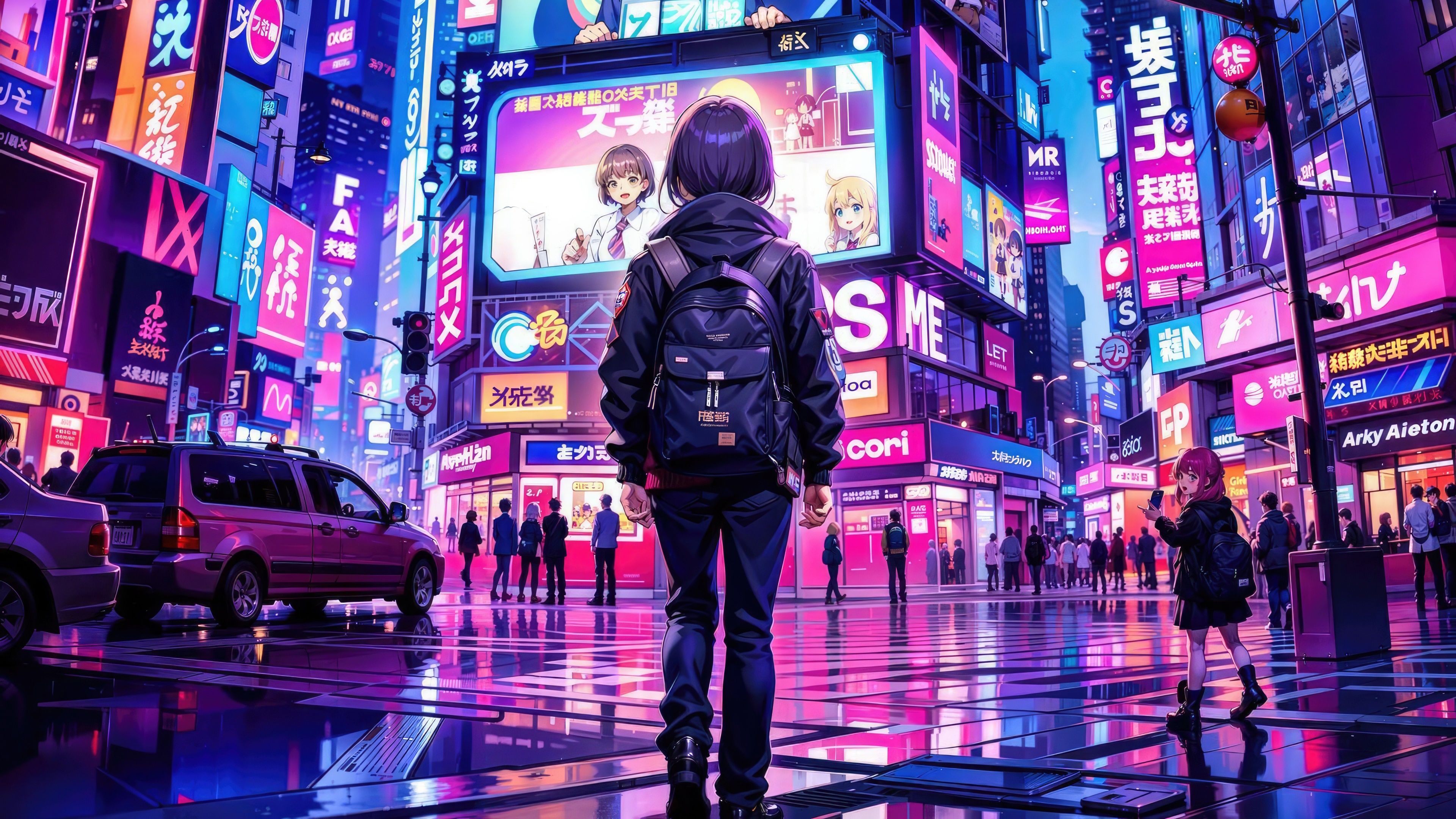 Anime girl in a neon-lit city at night HD Wallpaper