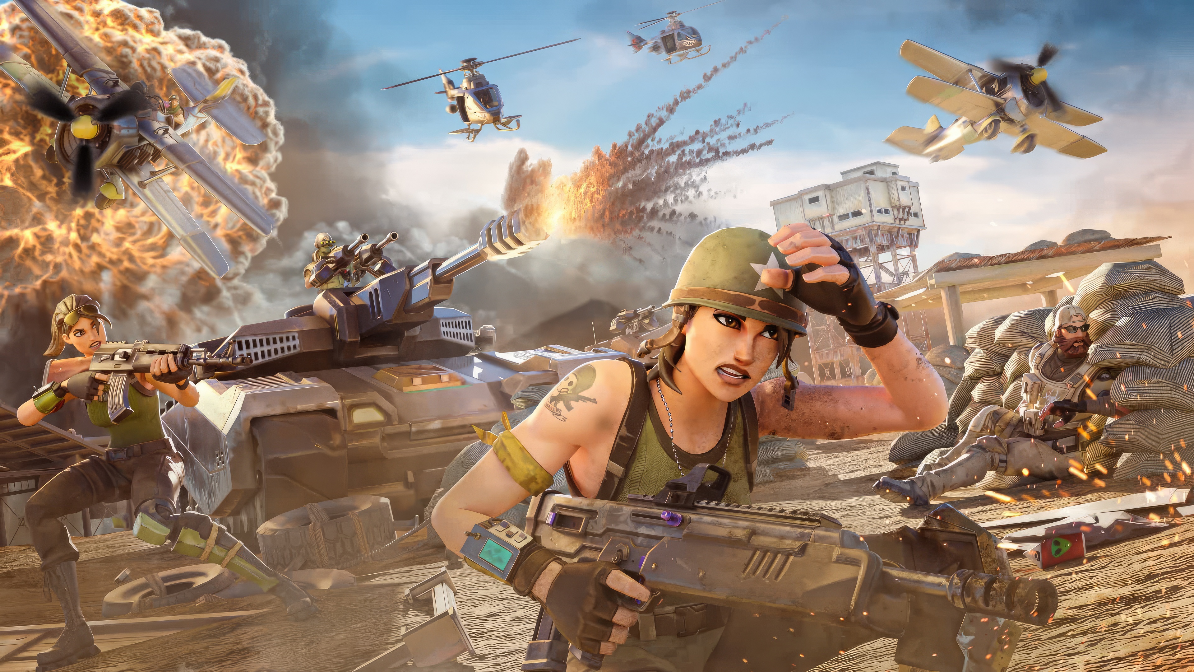 Fortnite characters in a battle scene with tanks and helicopters HD Wallpaper