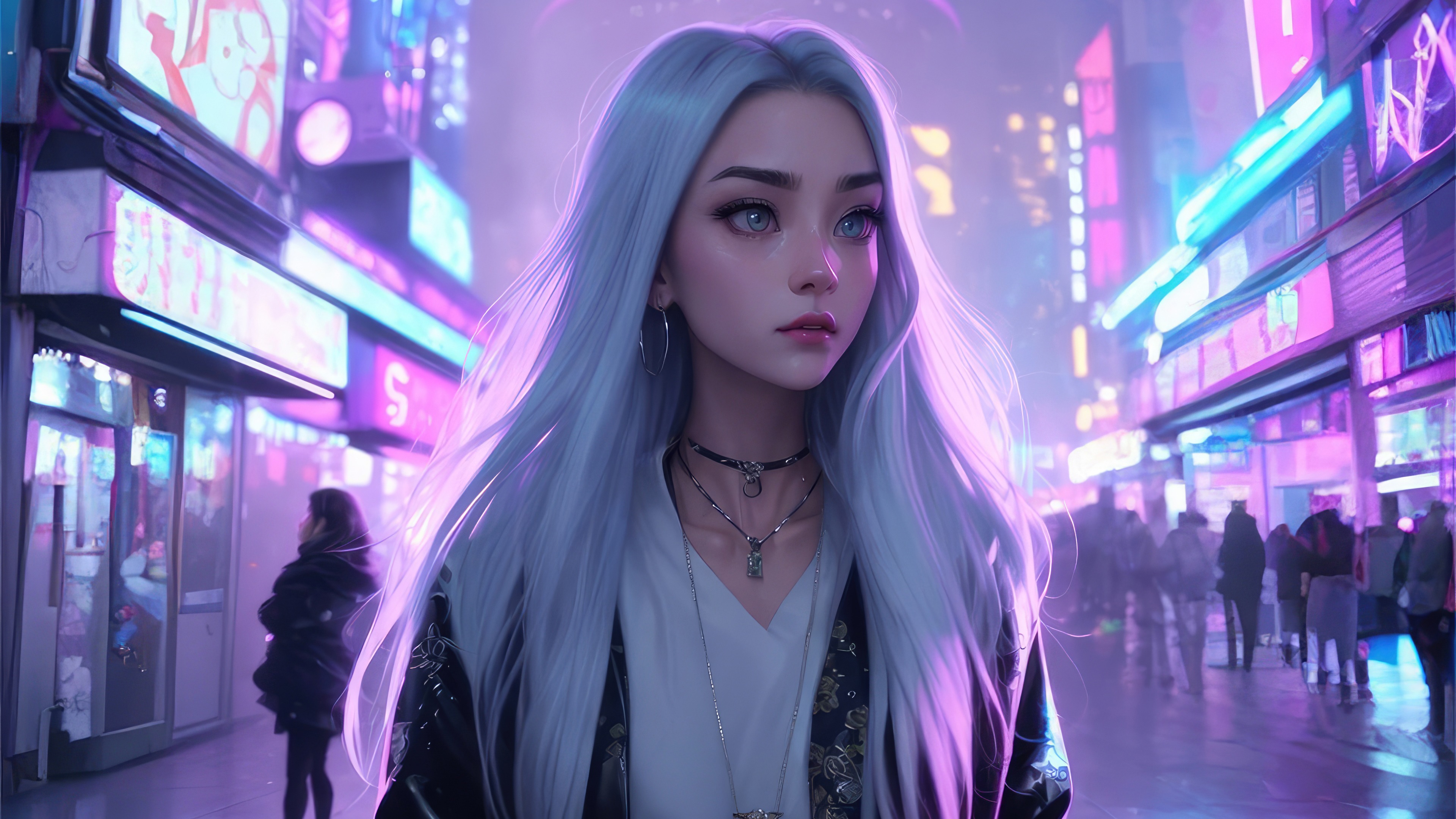 Scifi girl in neon city 4K HD Wallpaper
