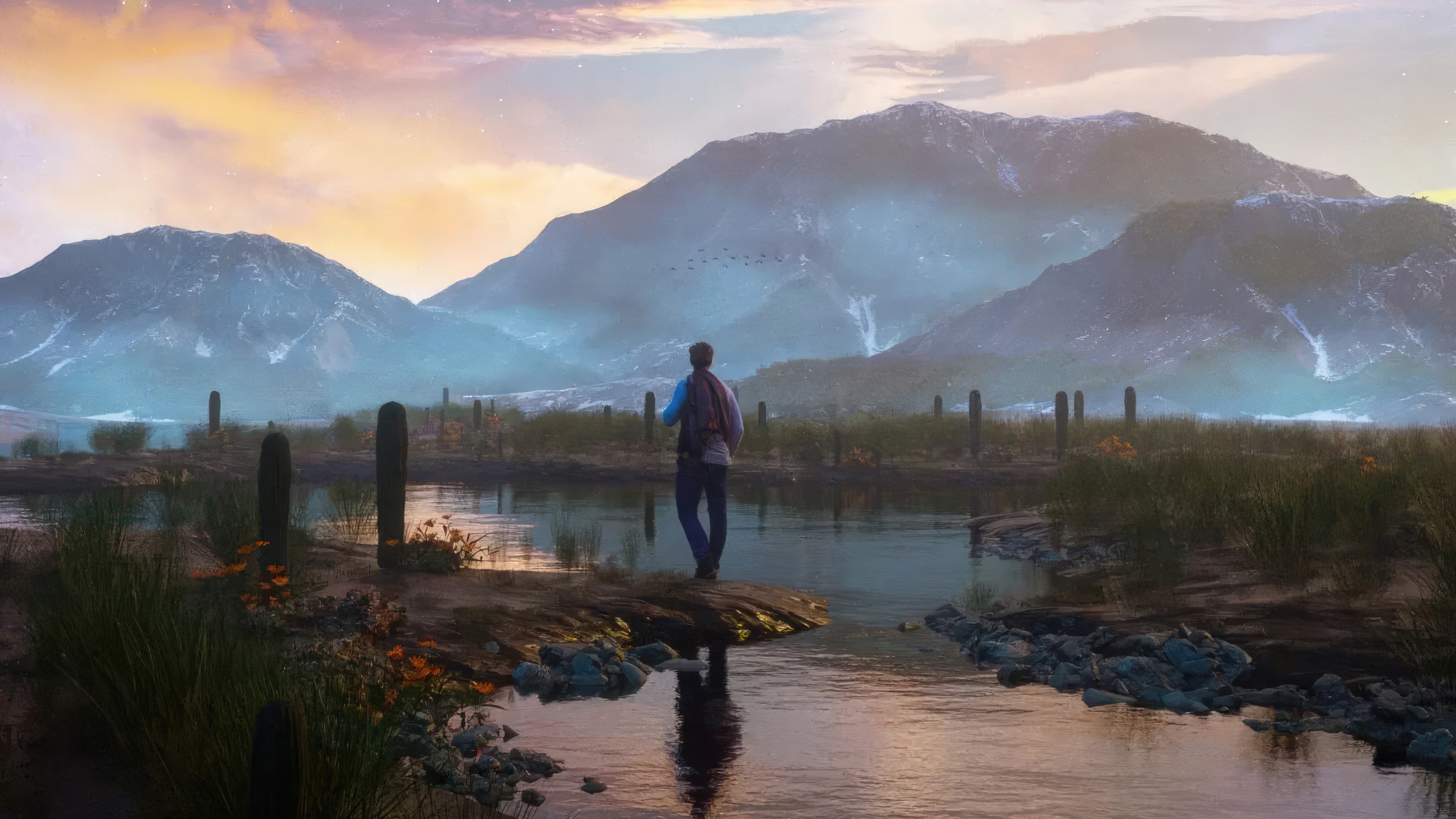 Man with backpack looking at mountains and lake HD Wallpaper