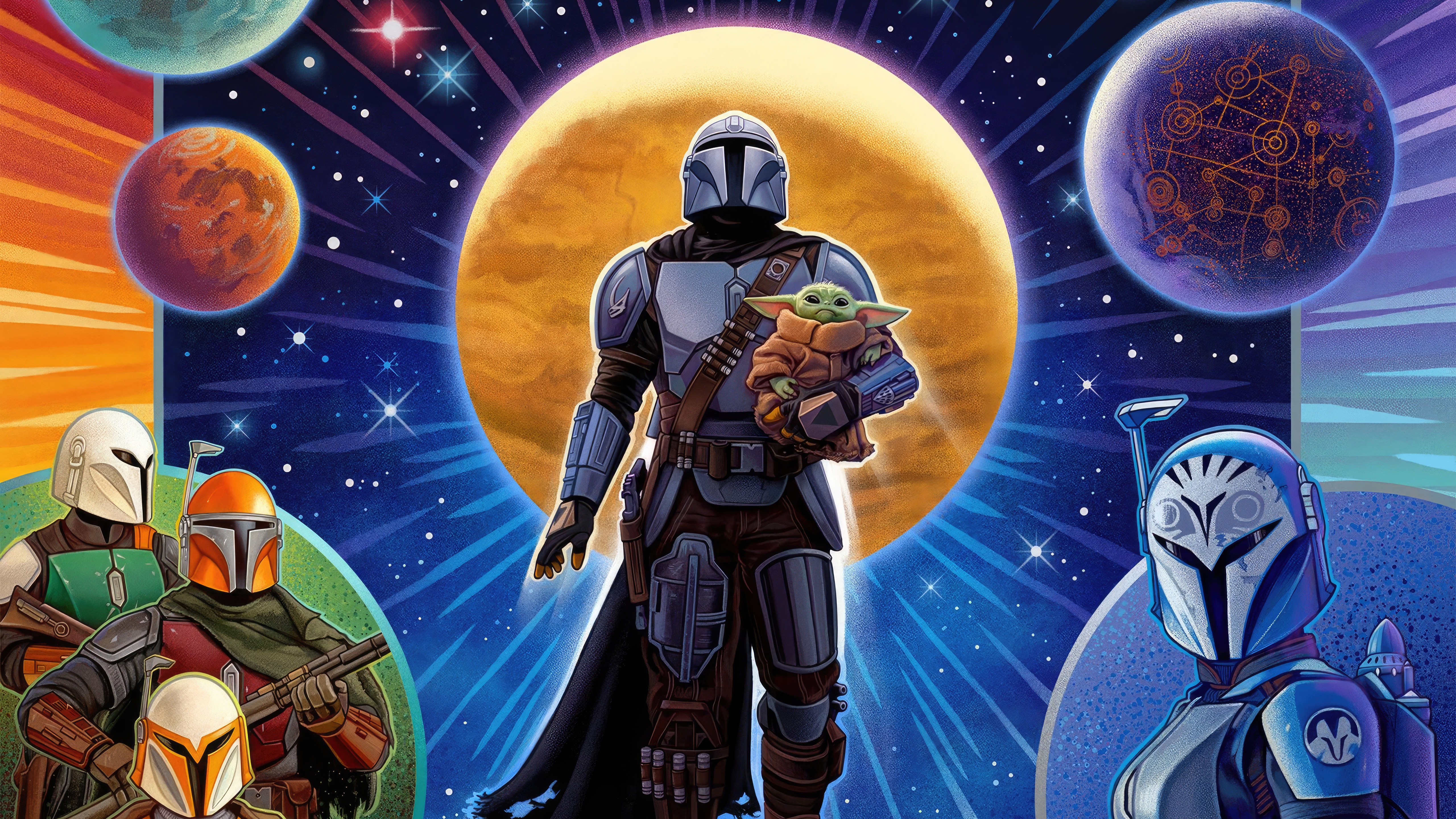 The Mandalorian and Grogu artwork with planets HD Wallpaper