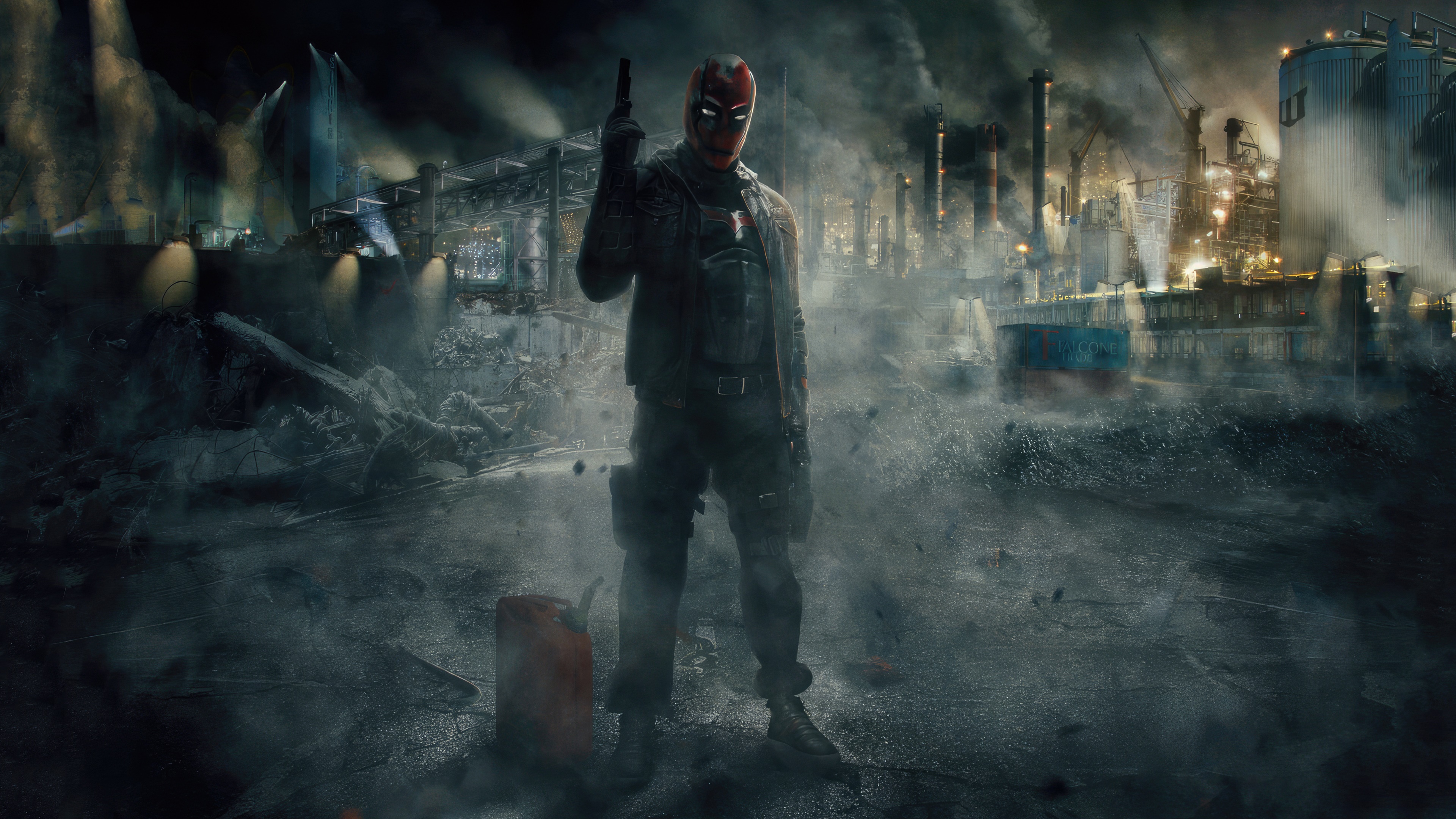 Red Hood stands in a destroyed industrial area HD Wallpaper