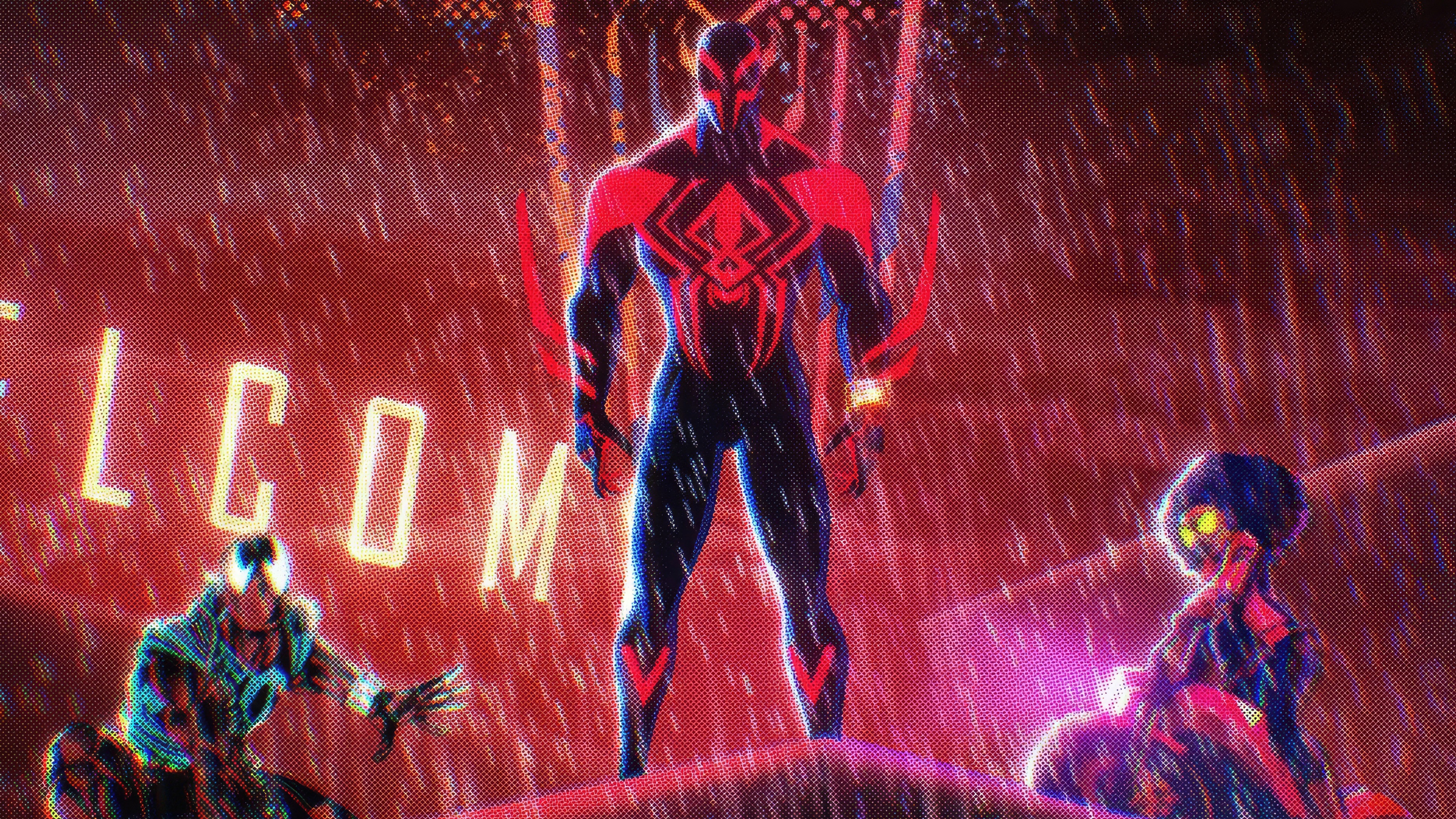 Spider-Man 2099 and allies in a rainy city HD Wallpaper
