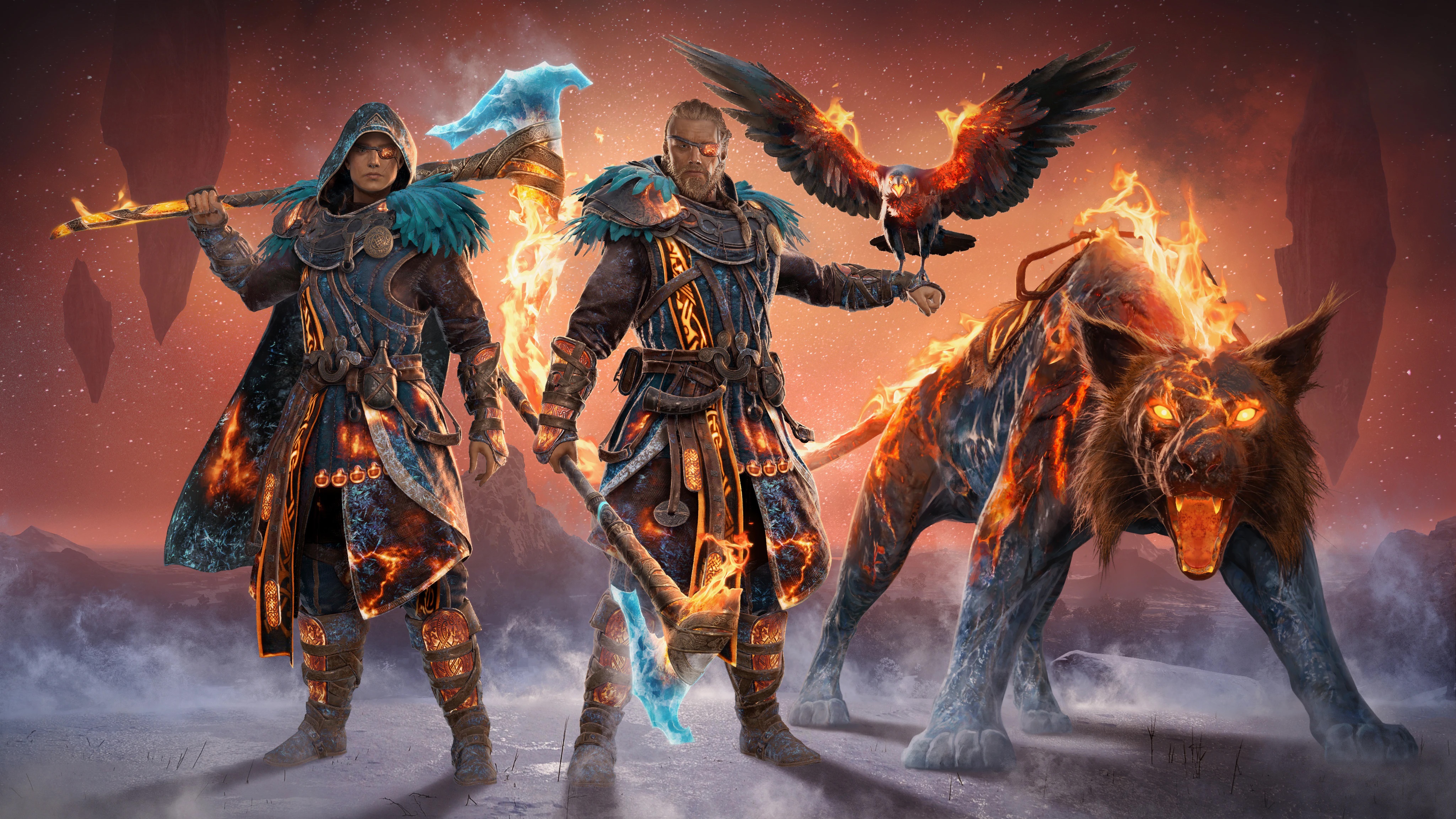 Assassin's Creed Valhalla Characters with Fiery Wolf and Eagle HD Wallpaper